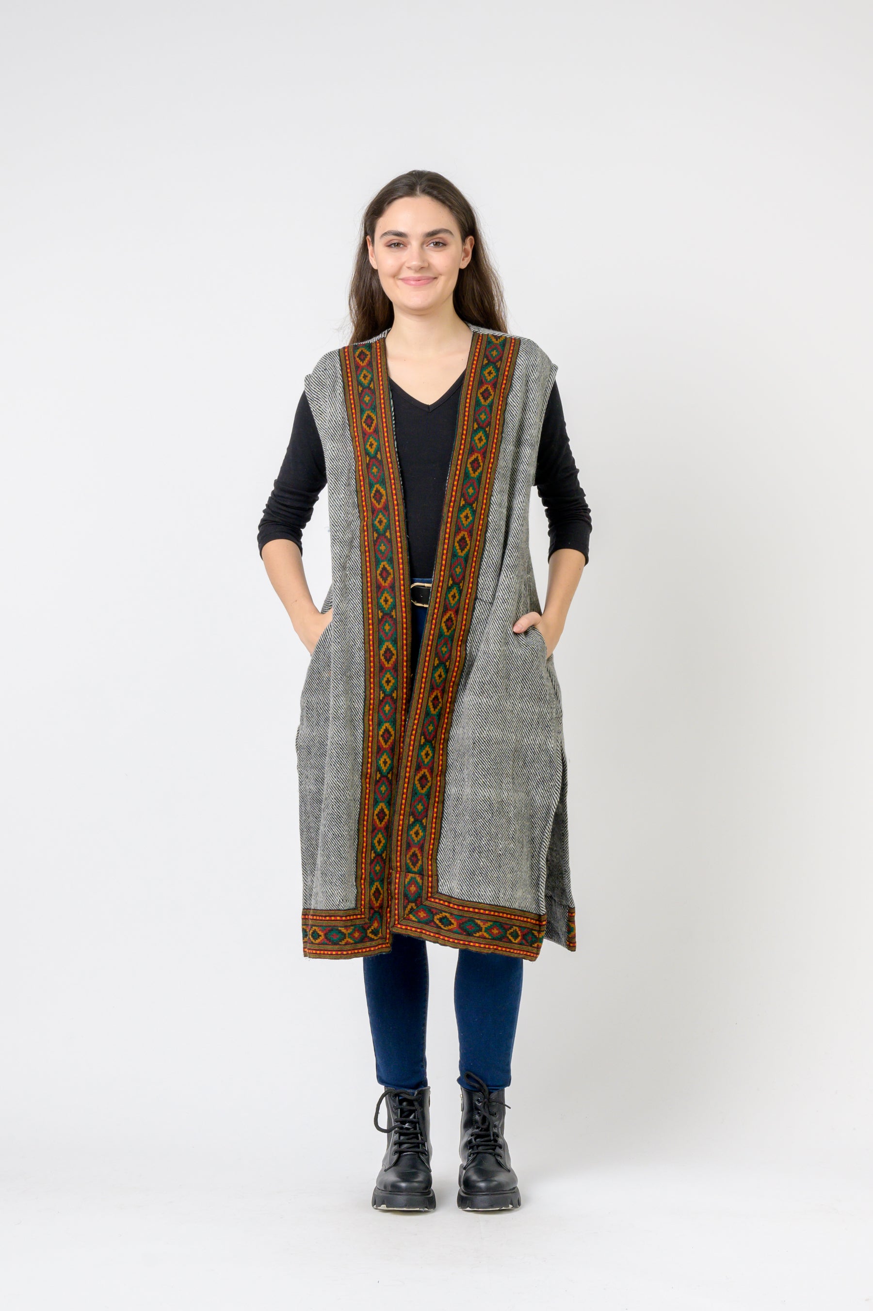 Woolen Shawl With Printed Hem