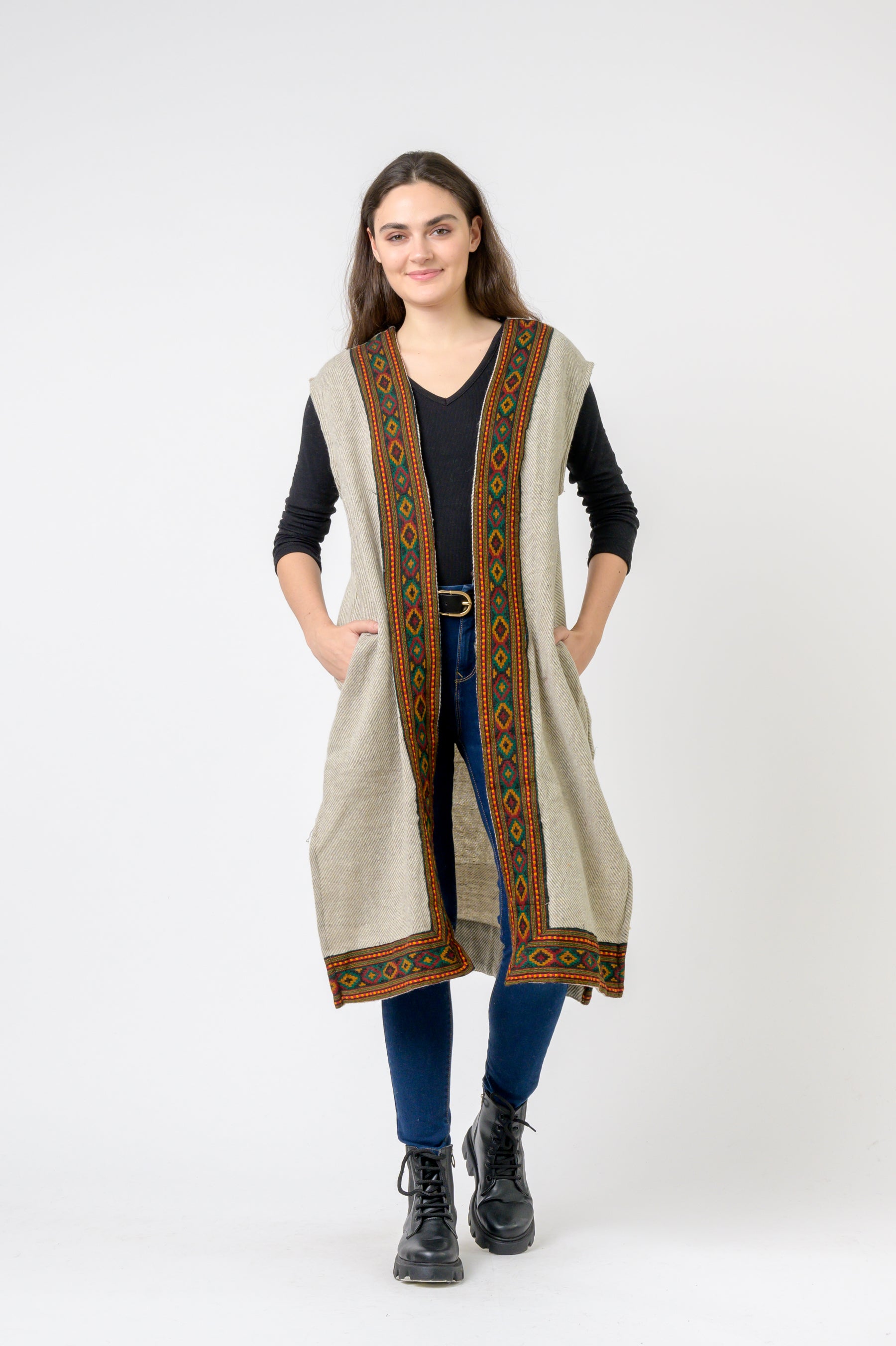 Sleeveless Shawl With Printed Hem - Assorted
