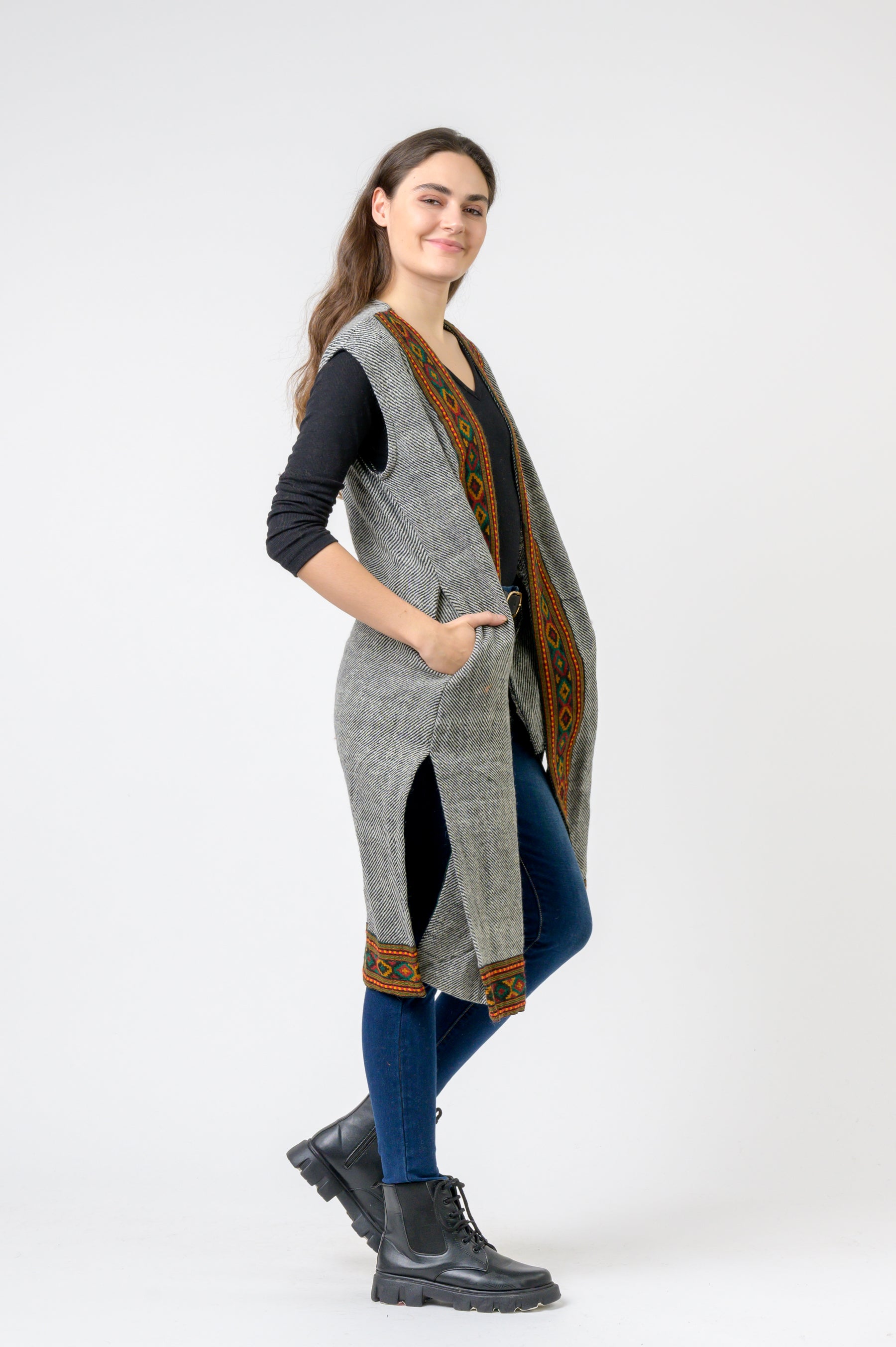 Sleeveless Shawl With Printed Hem - Assorted