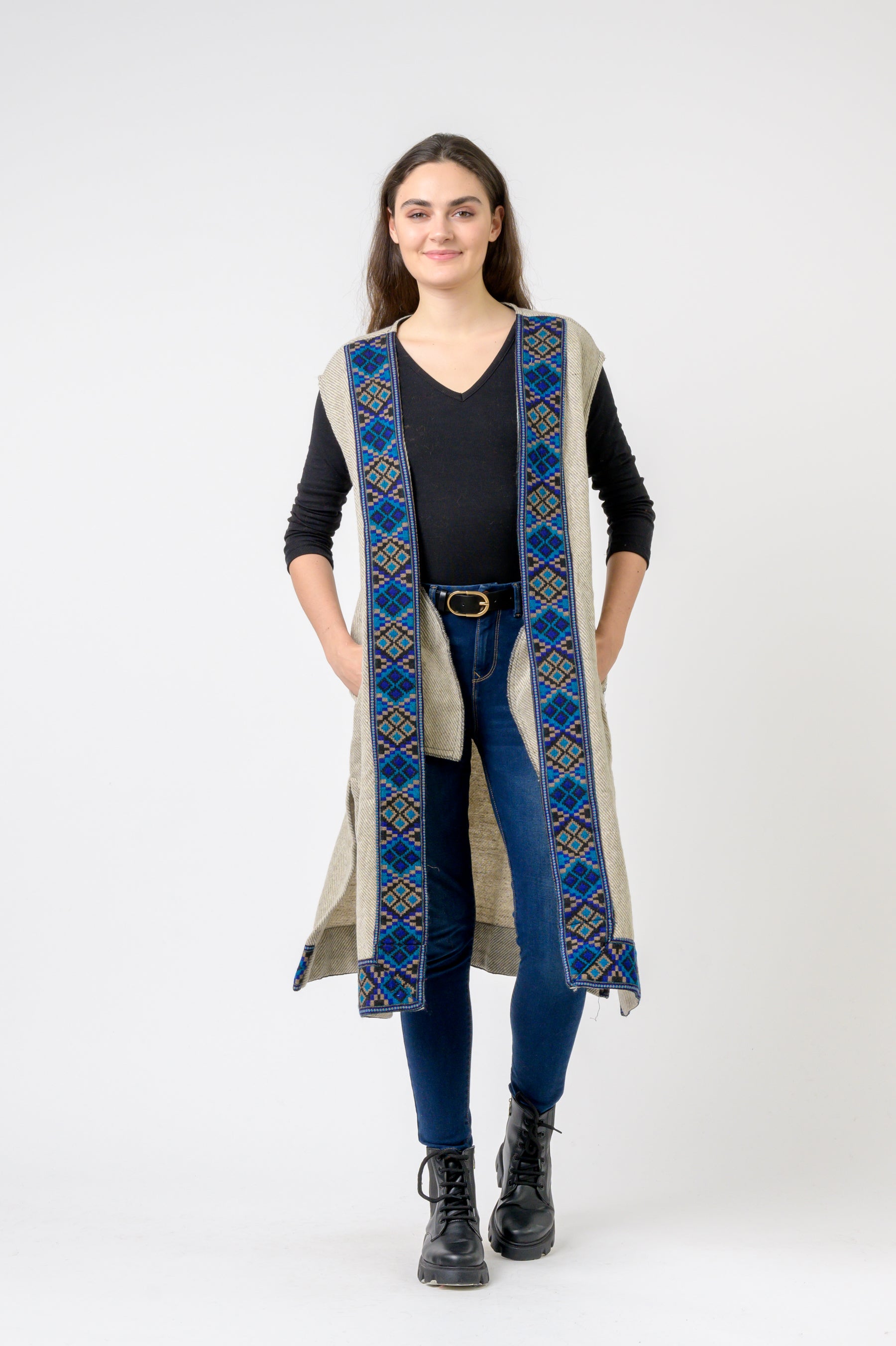Sleeveless Shawl With Printed Hem - Assorted