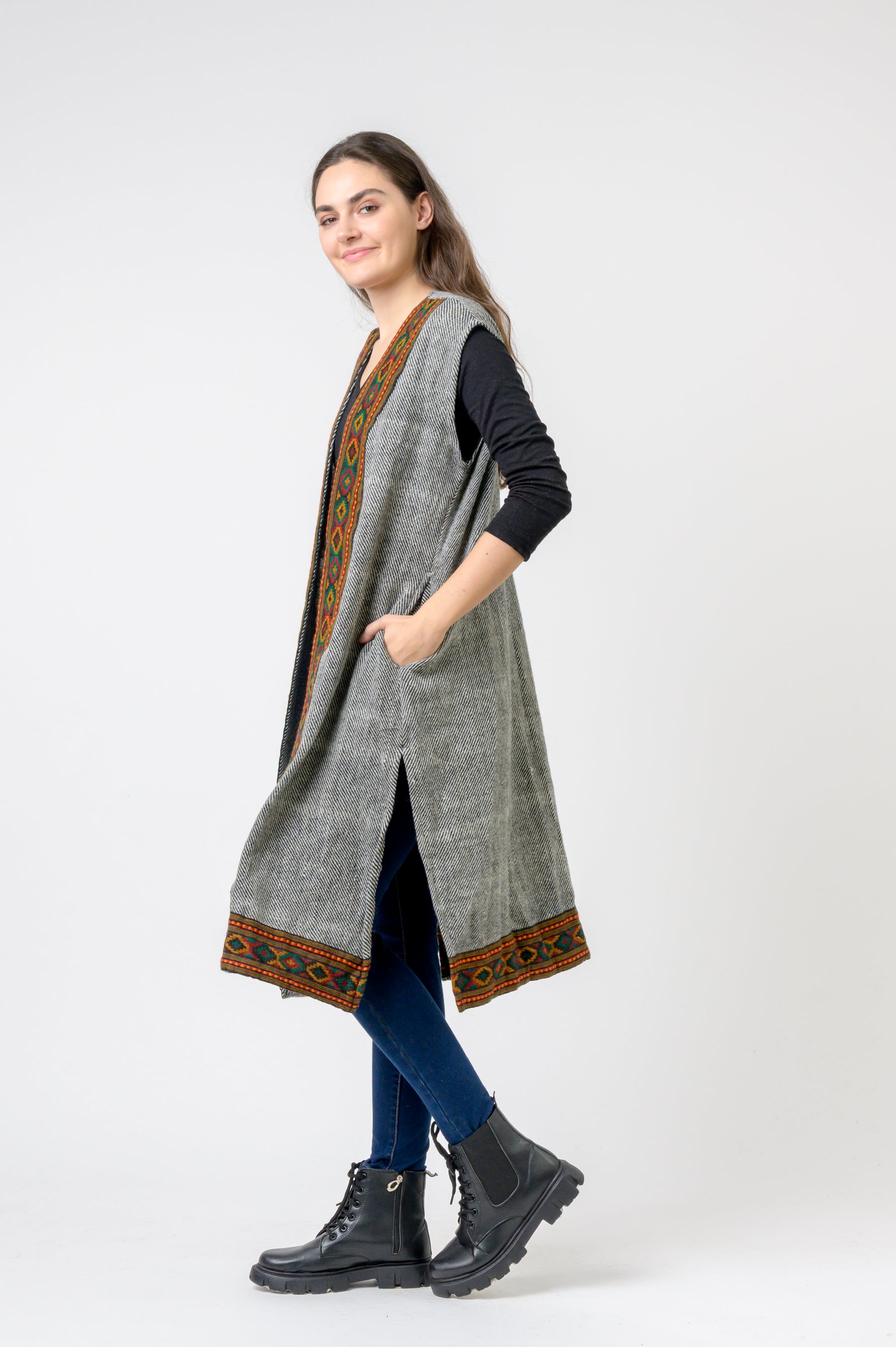 Sleeveless Shawl With Printed Hem - Assorted