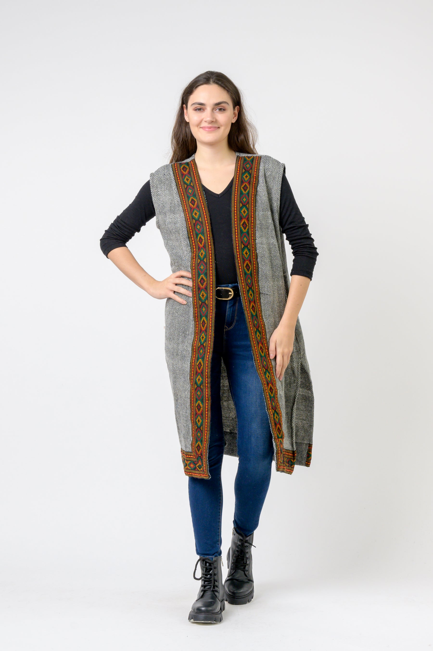 Sleeveless Shawl With Printed Hem - Assorted