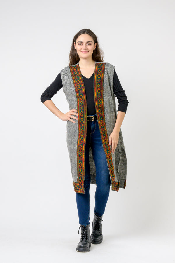 Sleeveless Shawl With Printed Hem - Assorted