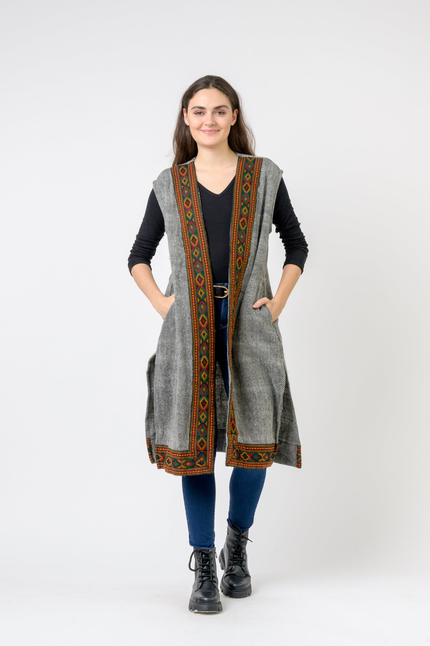 Sleeveless Shawl With Printed Hem - Assorted