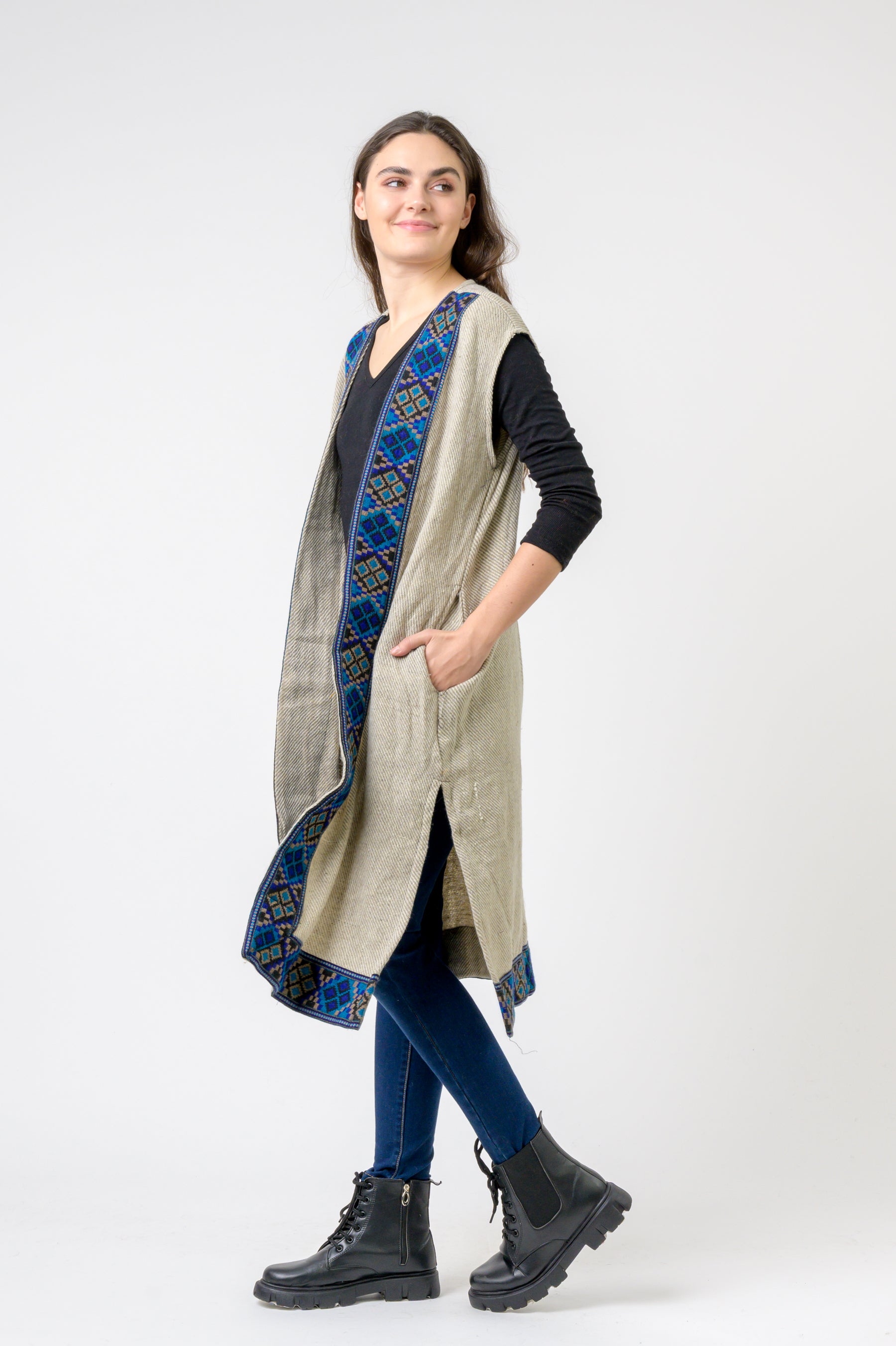 Sleeveless Shawl With Printed Hem - Assorted