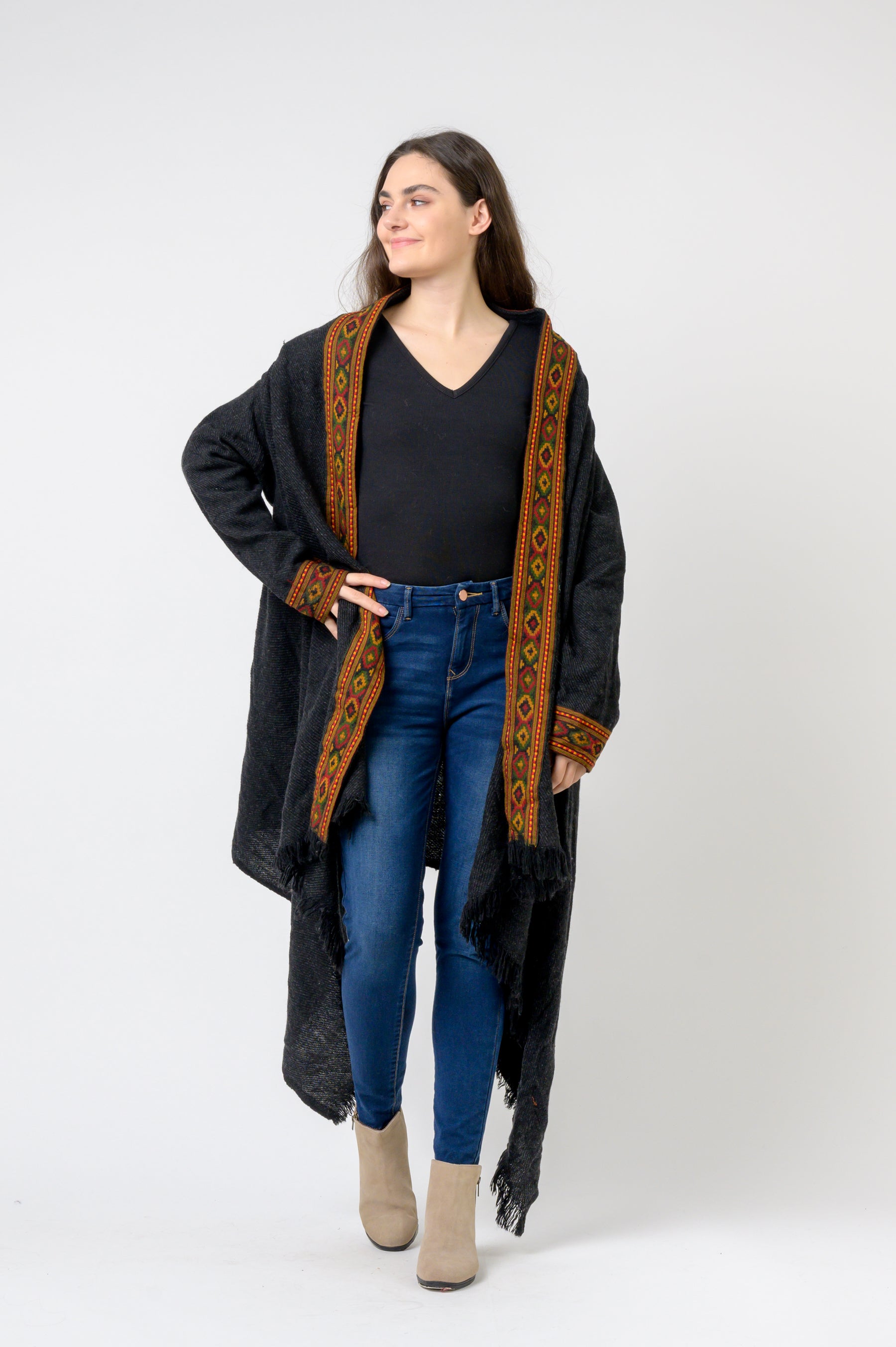 Hooded Long Jacket With Border - Assorted