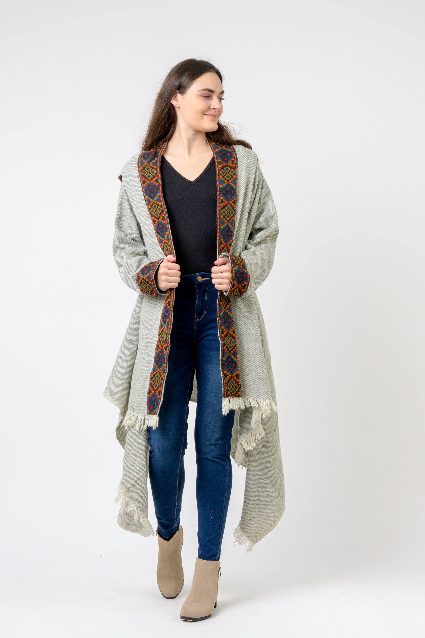 Hooded Long Jacket With Border