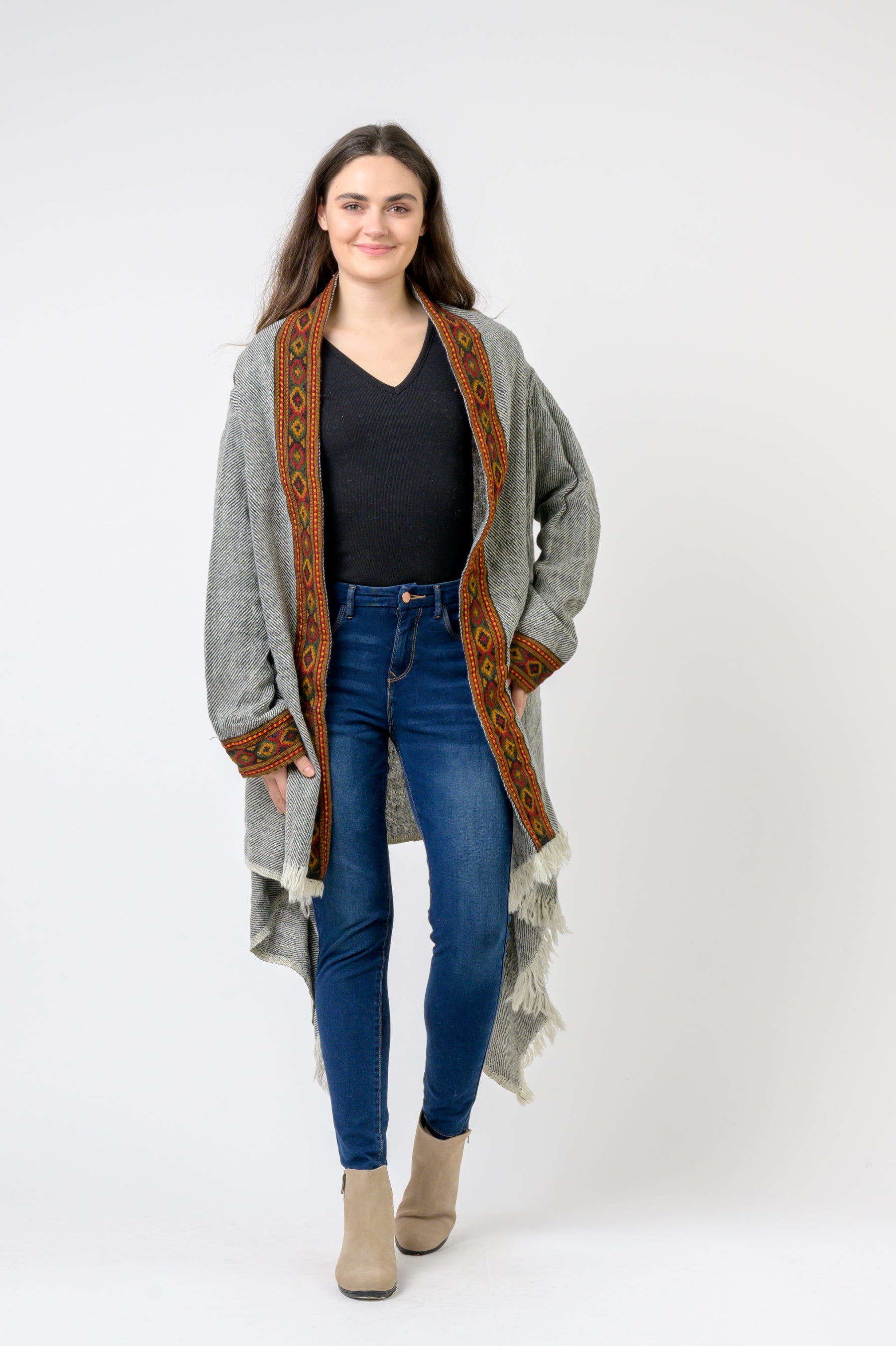 Hooded Long Jacket With Border