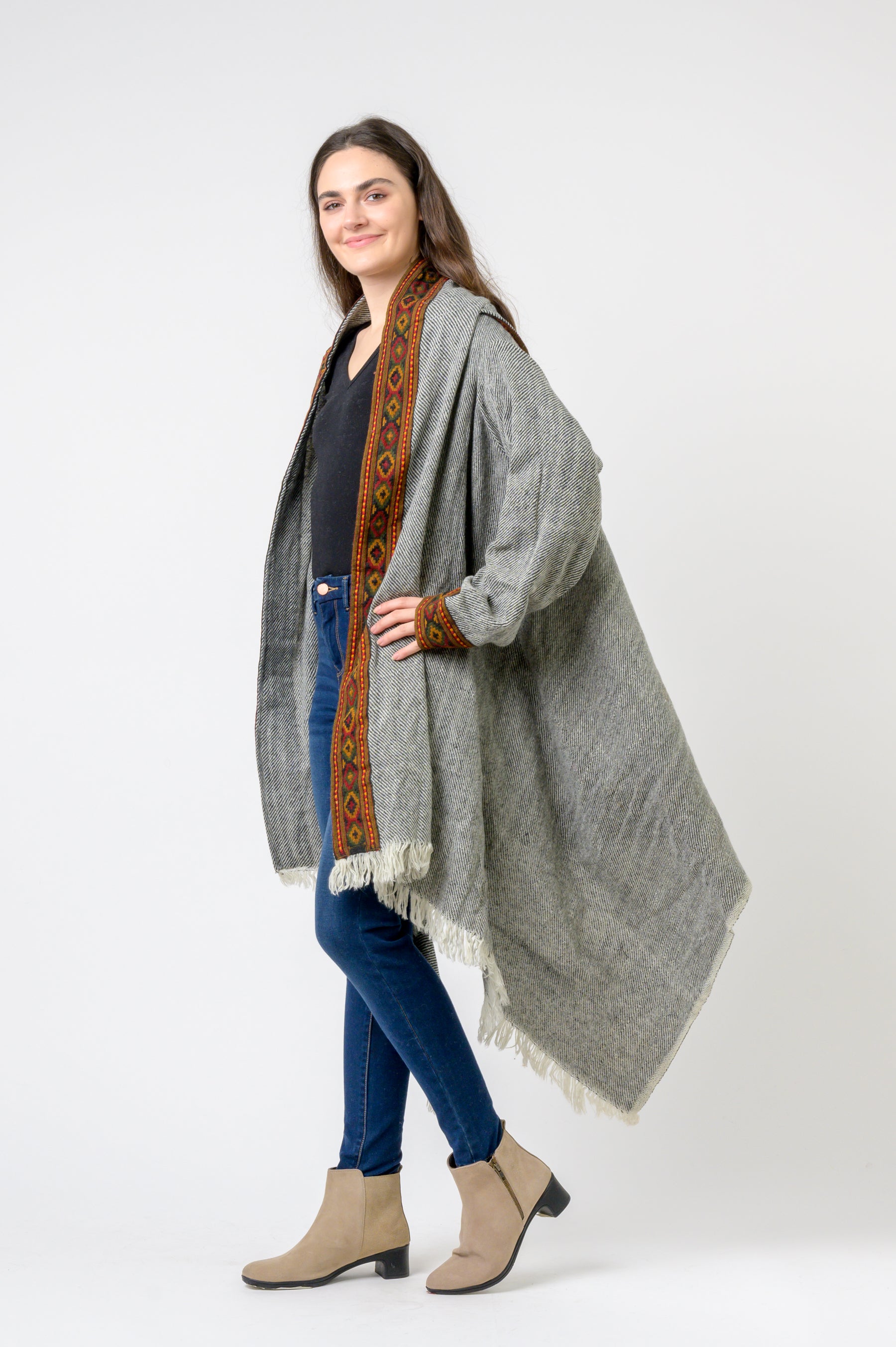 Hooded Long Jacket With Border