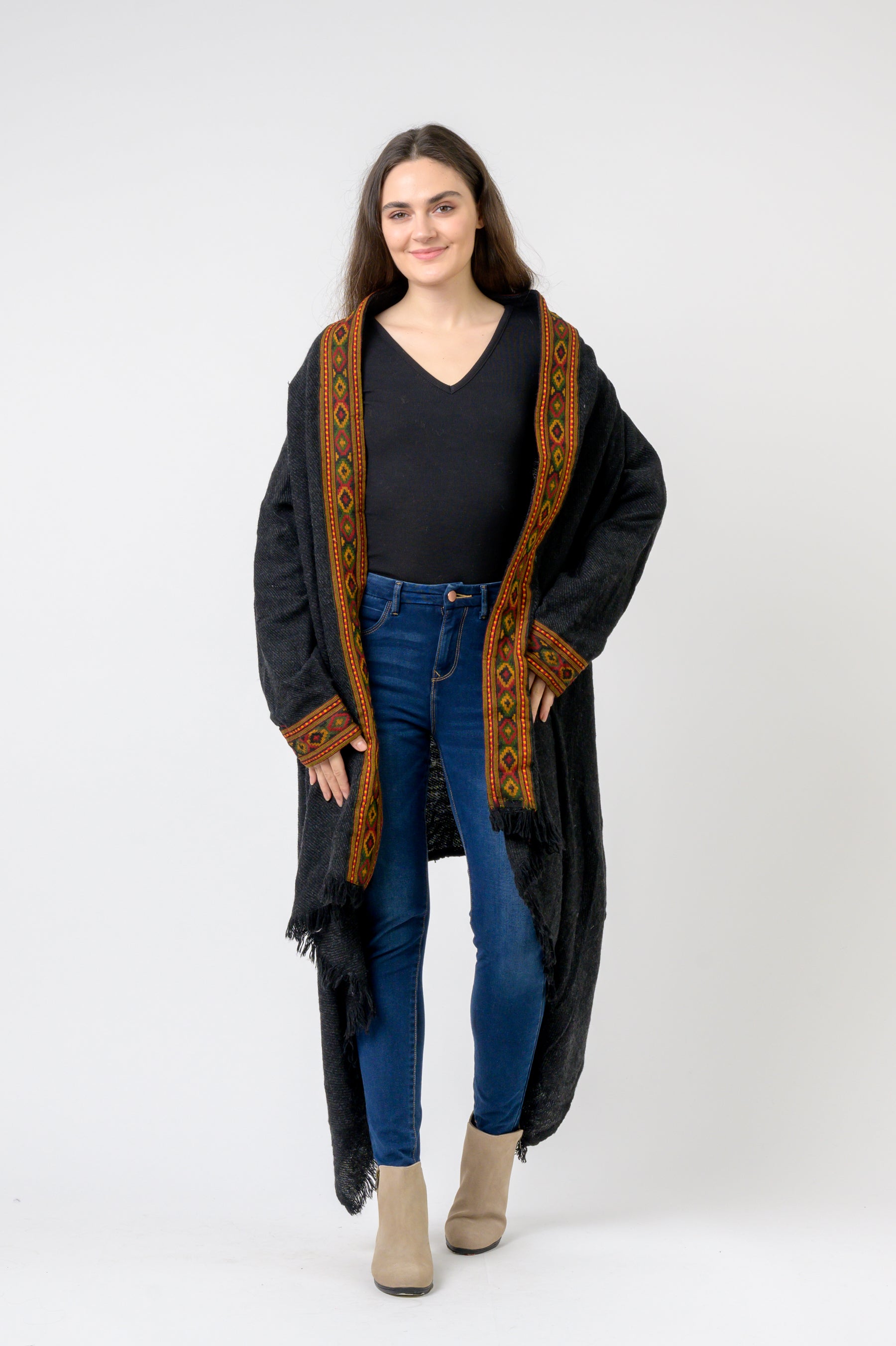 Hooded Long Jacket With Border