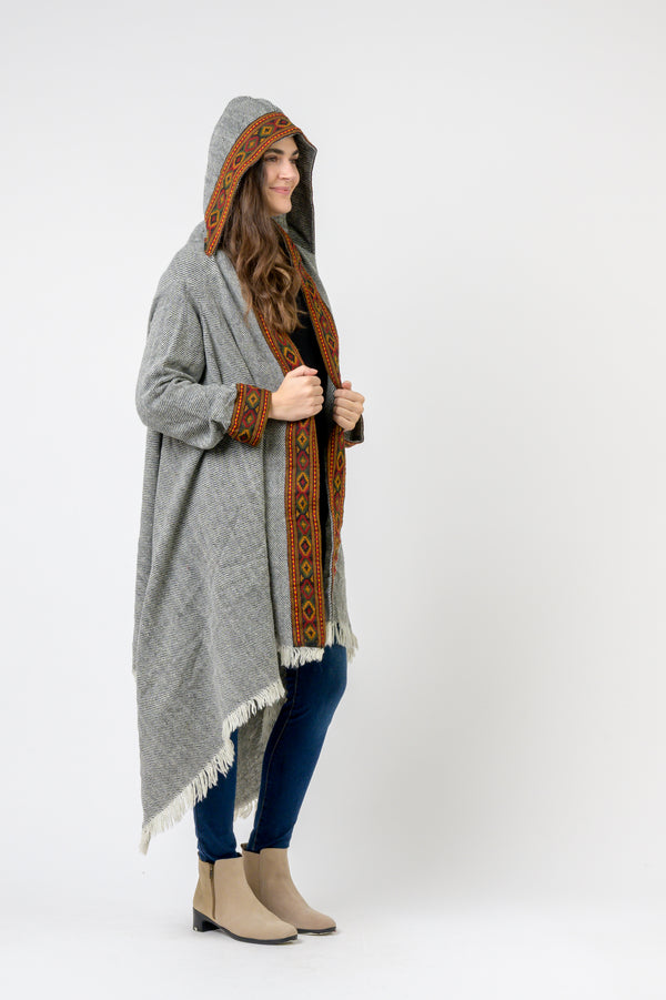 Hooded Long Jacket With Border - Assorted