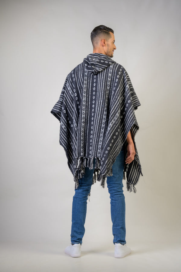 Pattern Cotton Poncho - Black