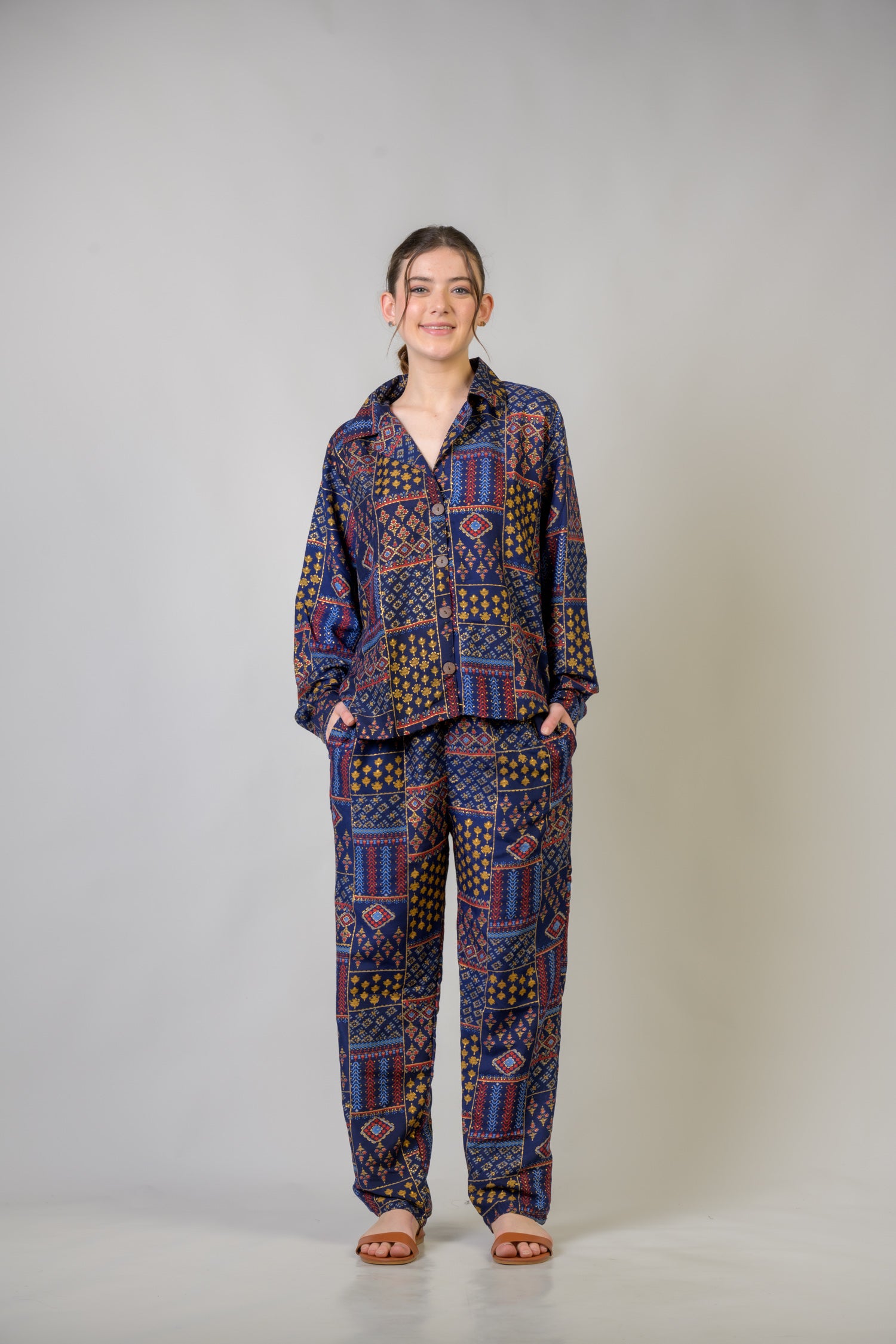 Patch Print Shirt And Trouser Set - Blue