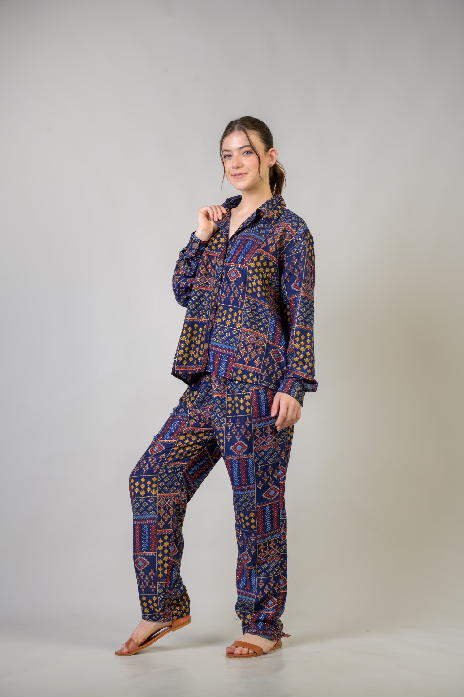 Patch Print Shirt And Trouser Set - Blue