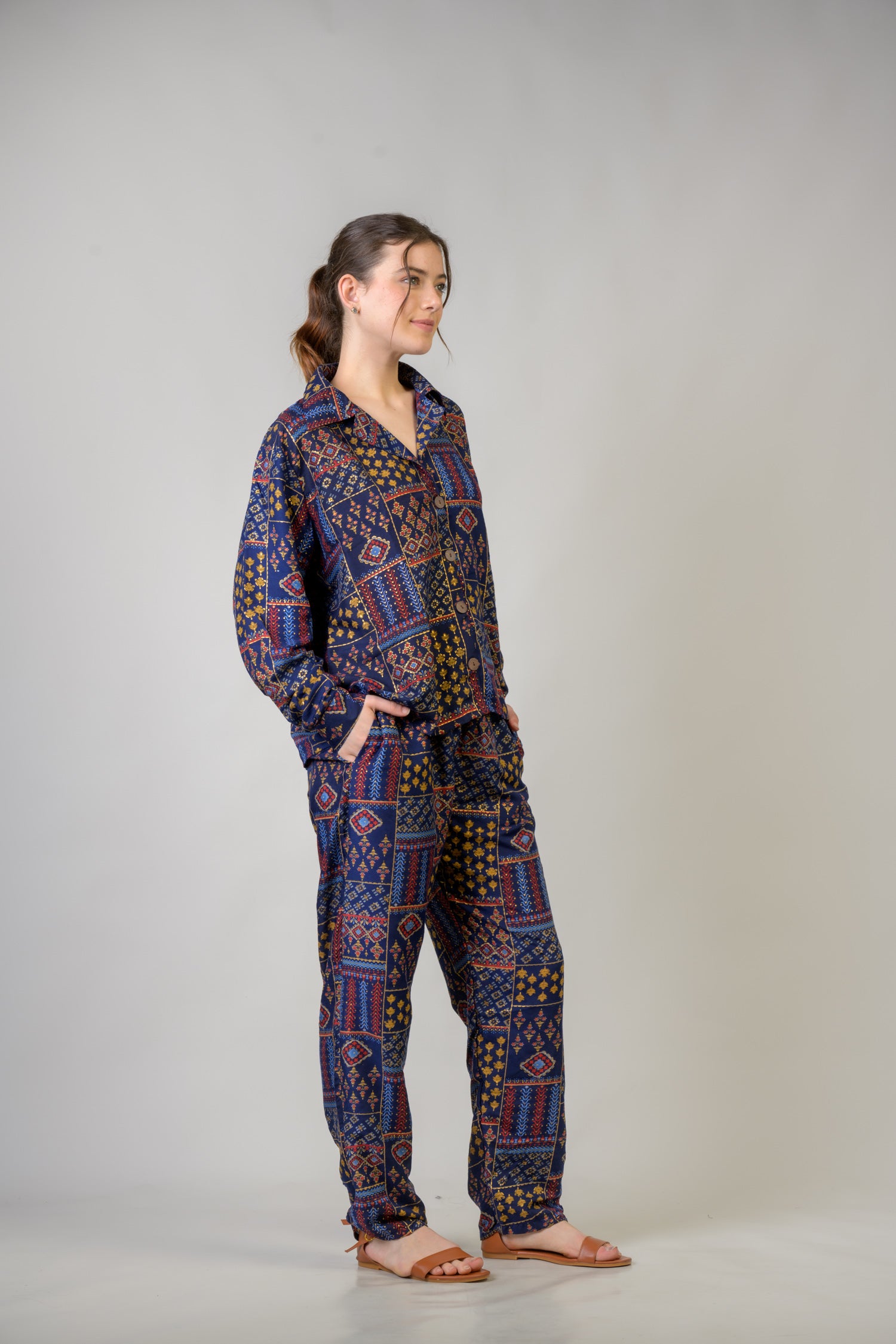 Patch Print Shirt And Trouser Set - Blue