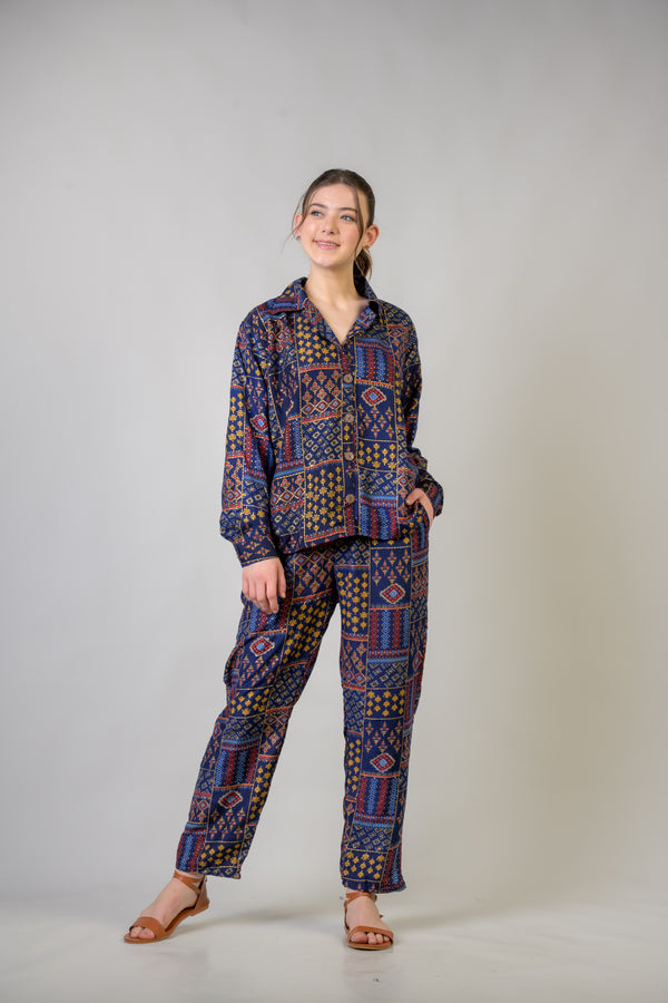 Patch Print Shirt And Trouser Set - Blue