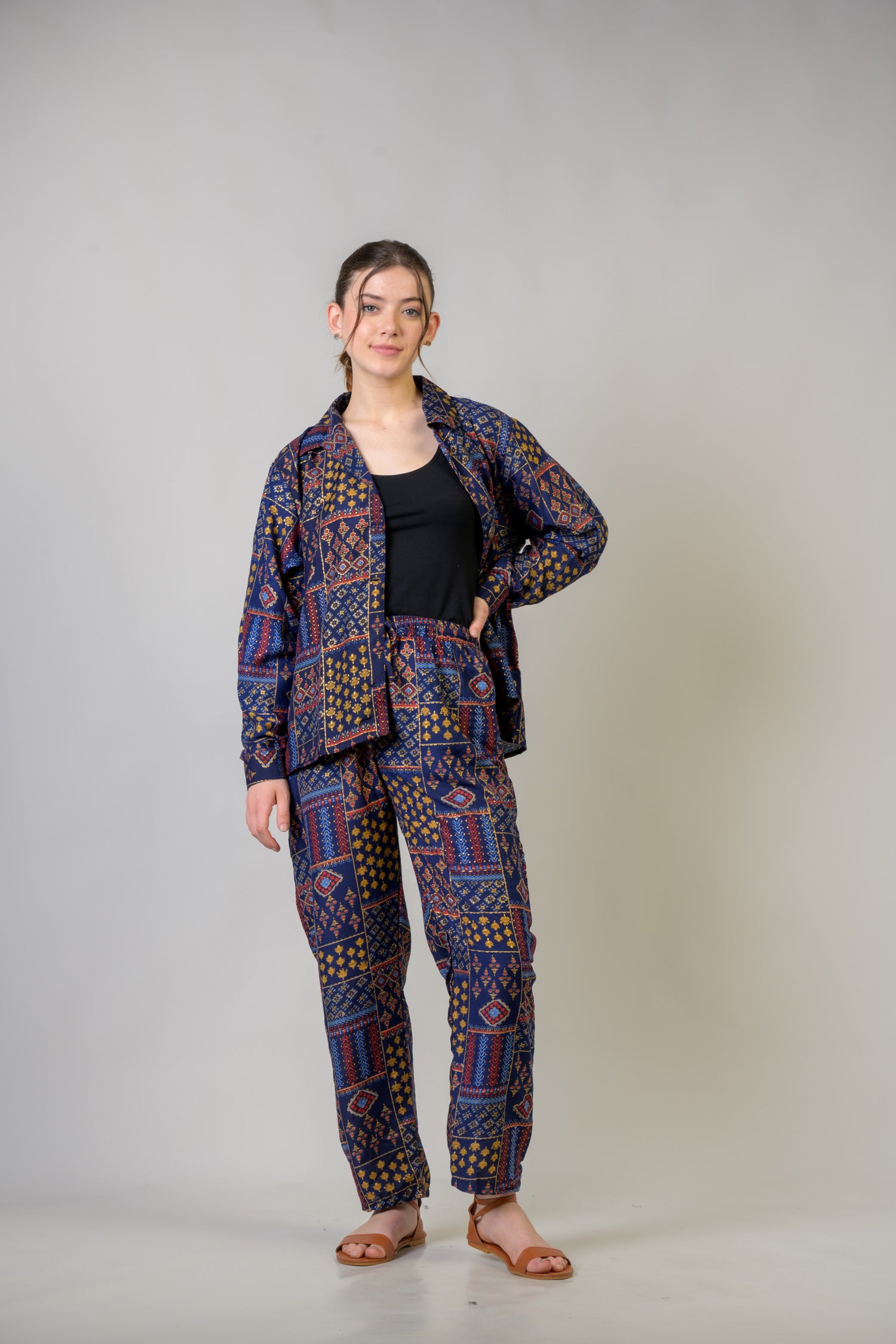 Patch Print Shirt And Trouser Set - Blue