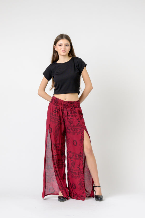 Flared Om Print Pants - Maroon