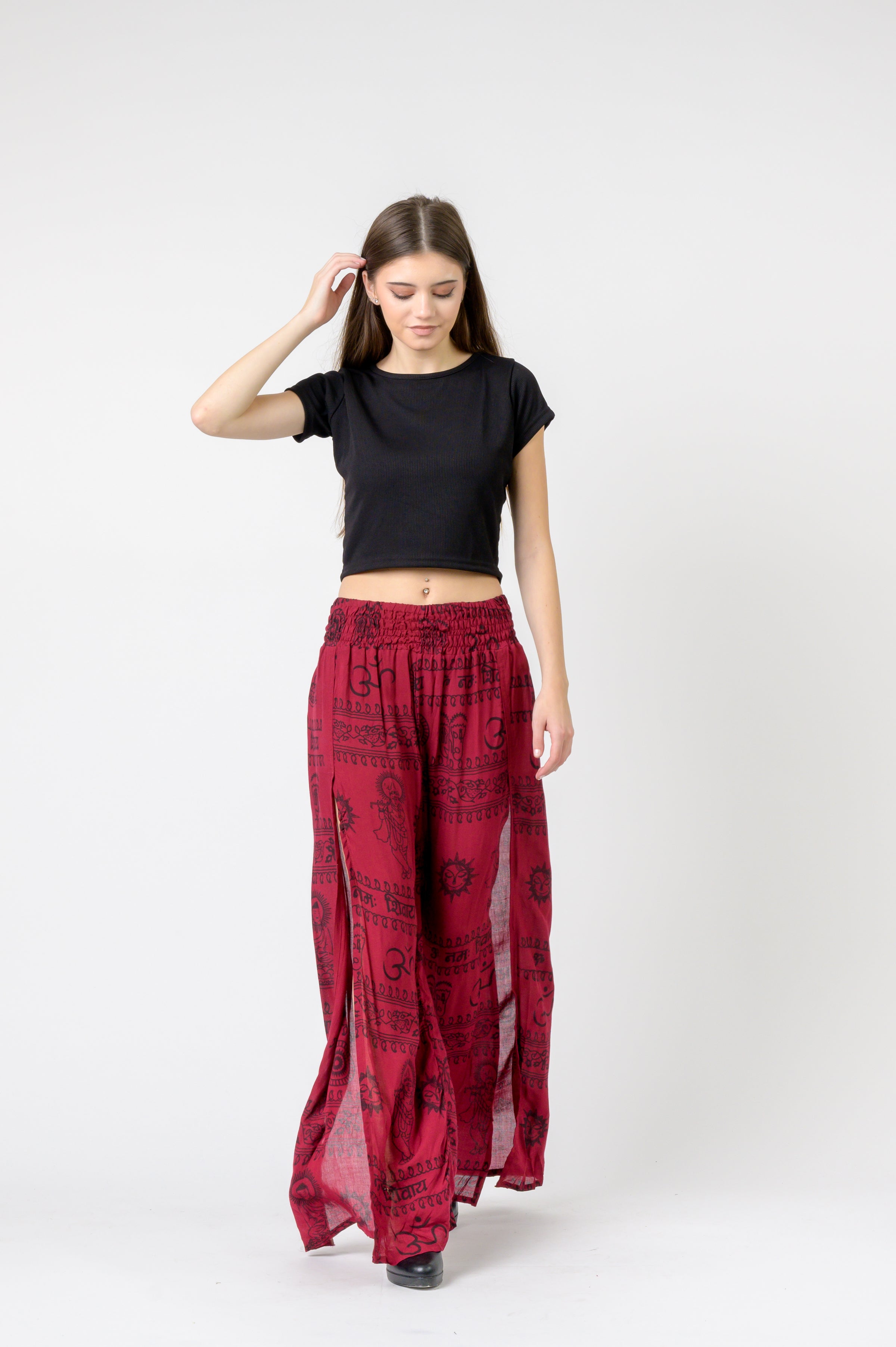 Flared Om Print Pants - Maroon