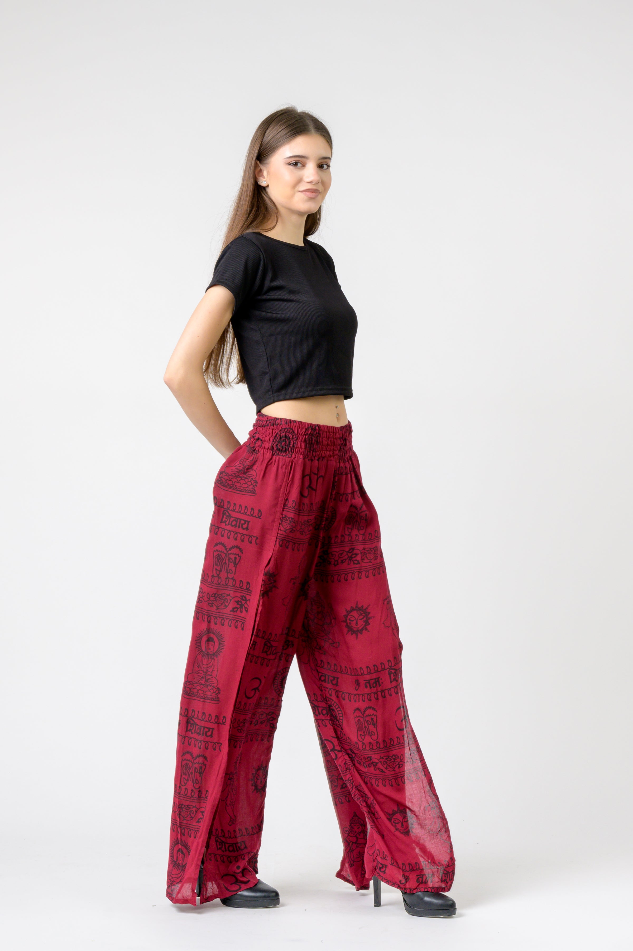 Flared Om Print Pants - Maroon