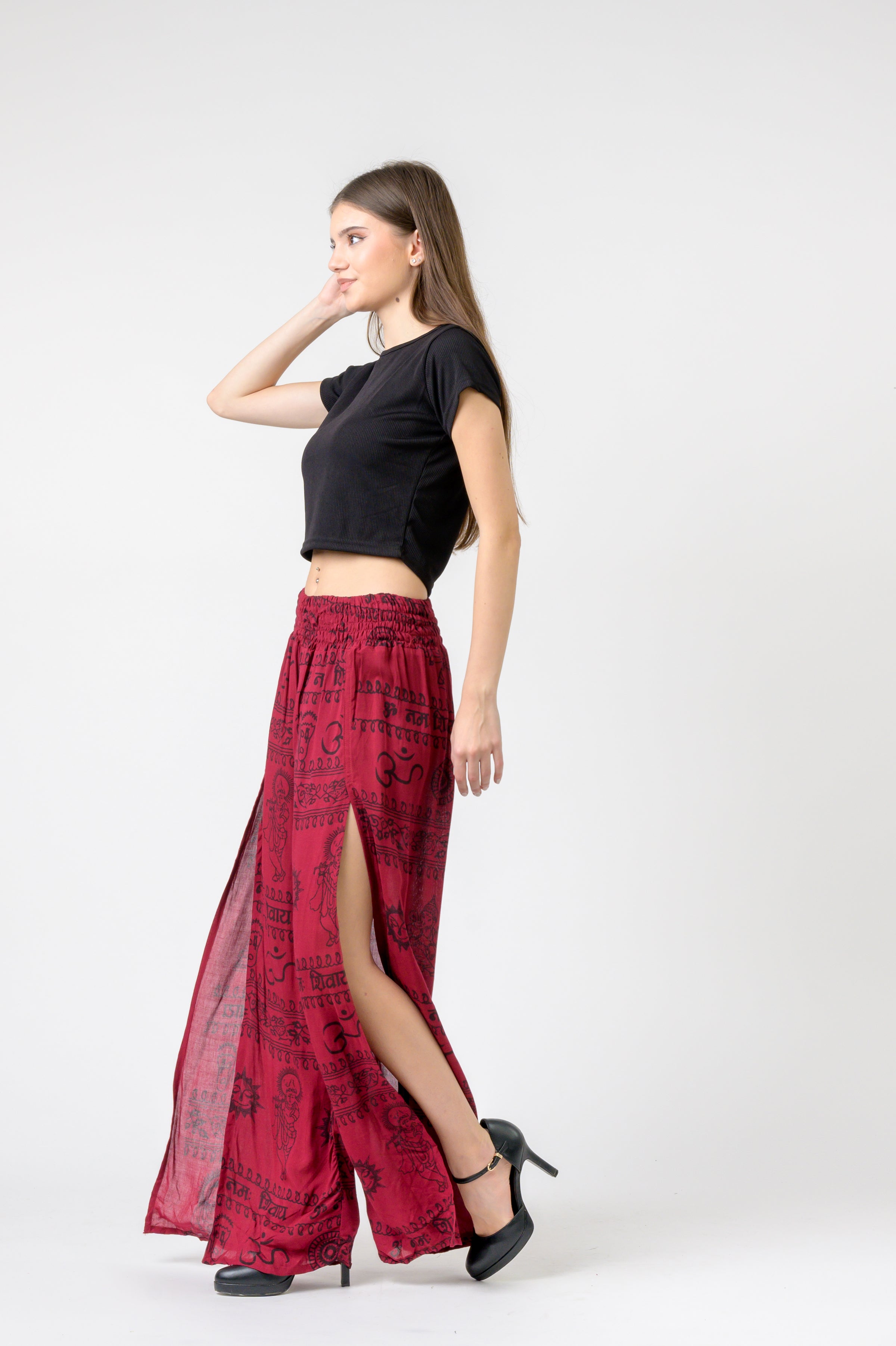 Flared Om Print Pants - Maroon