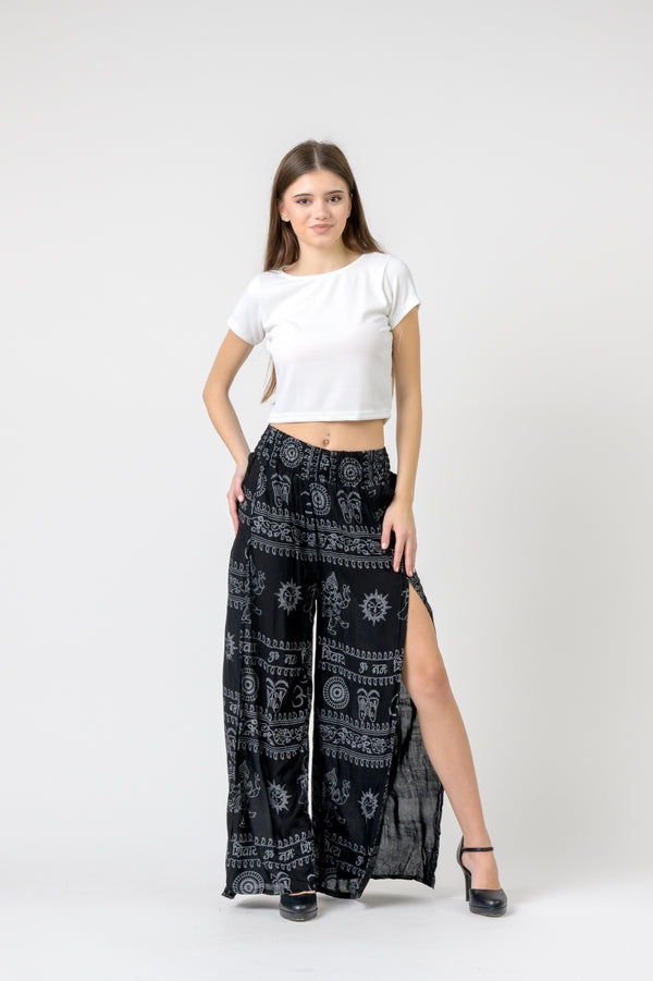 Flared Om Print Pants - Black