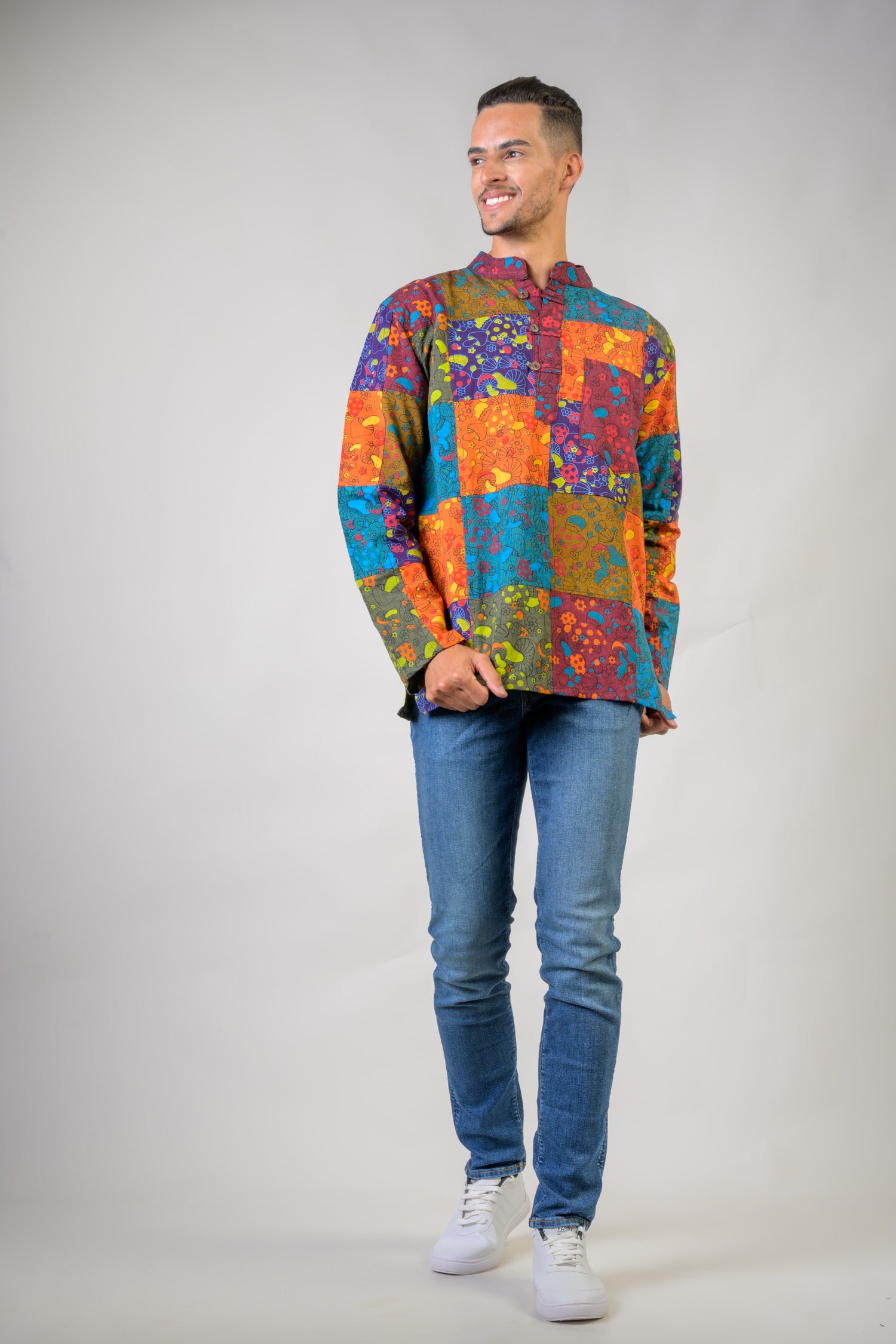 Colorful Mushroom Patches Sleeved Shirt - Multicolor