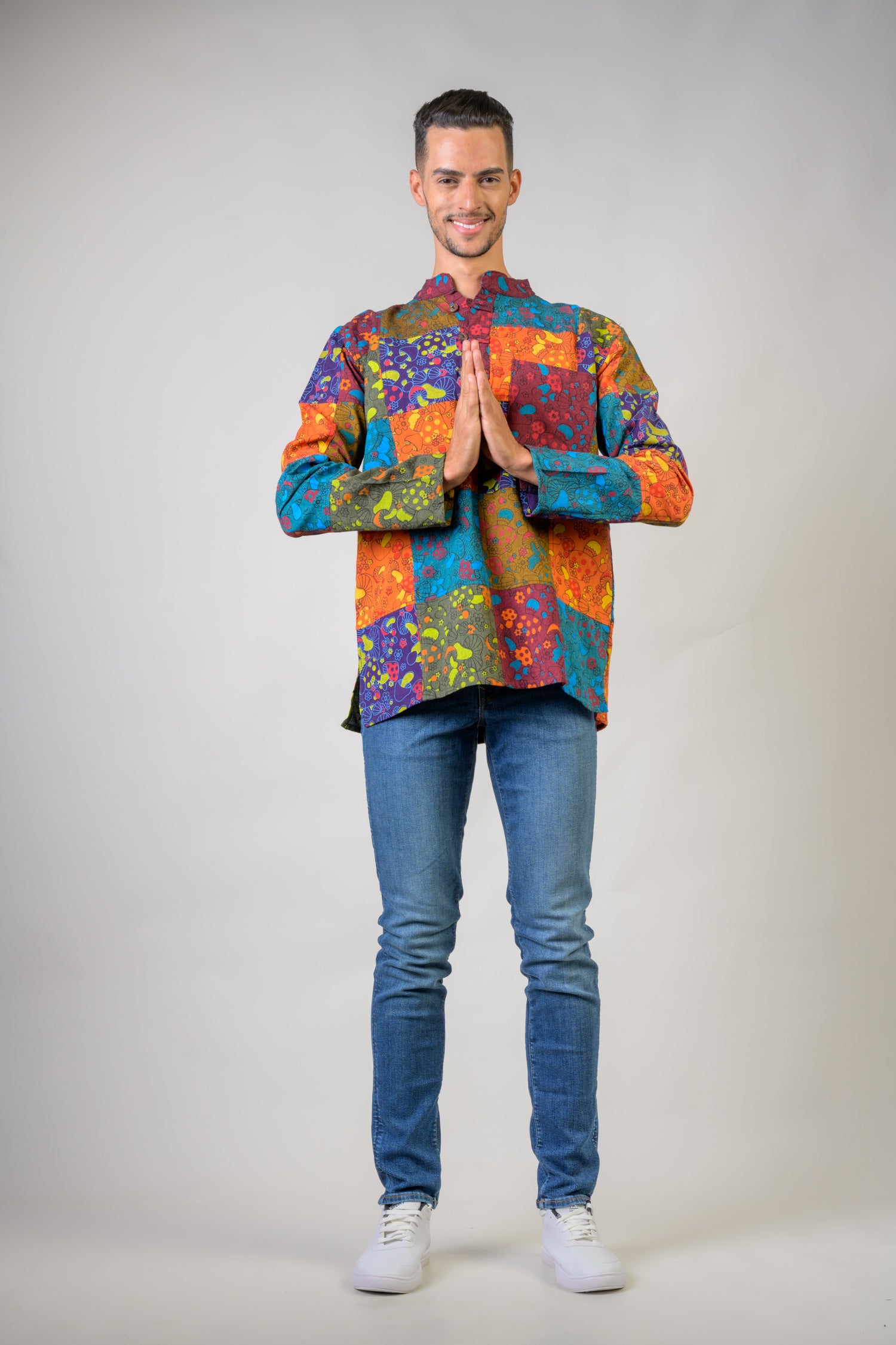 Colorful Mushroom Patches Sleeved Shirt - Multicolor
