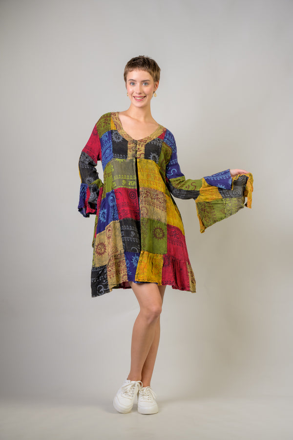 Om Print Pied Pattern Bell Sleeve Tunic - Multicolor