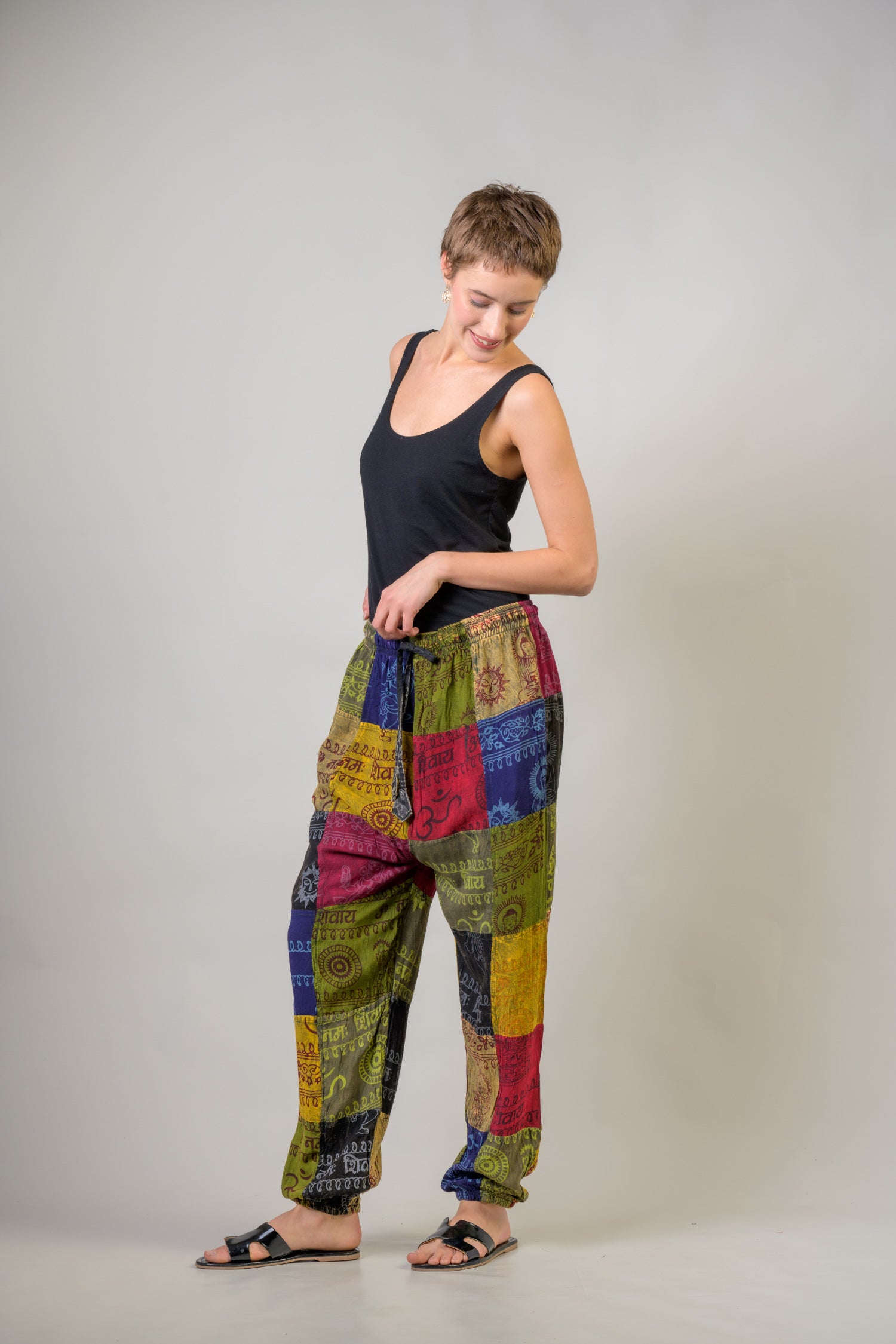 Om Print Pied Patch Pants