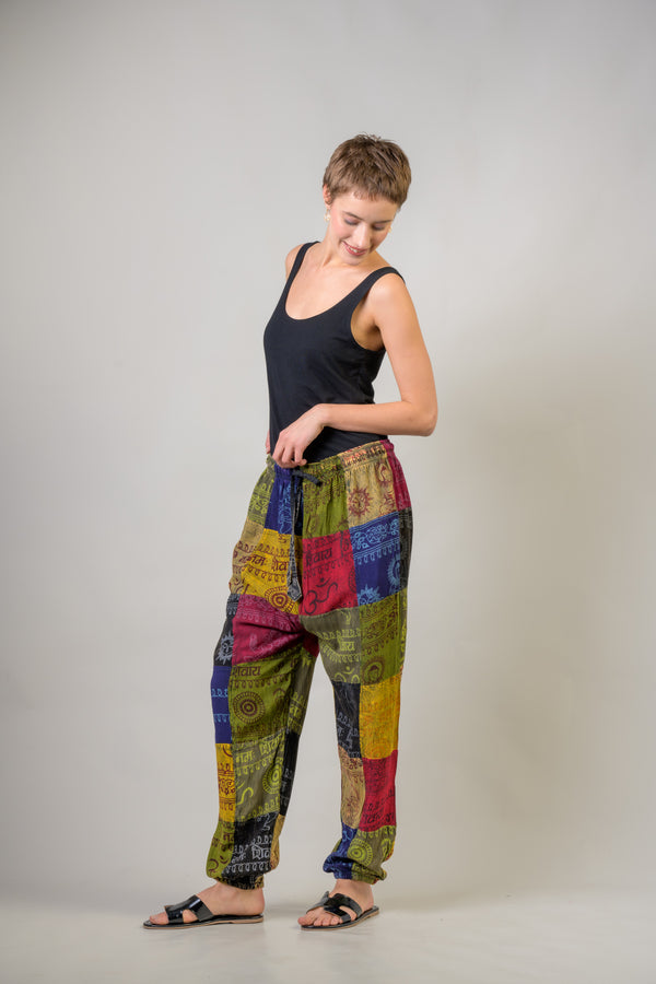 Om Print Pied Patch Pants