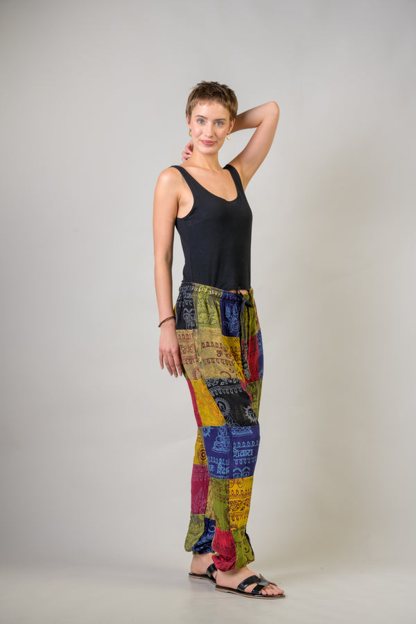 Om Print Pied Patch Pants
