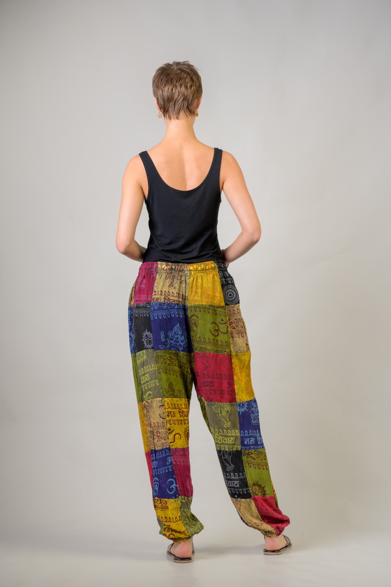 Om Print Pied Patch Pants