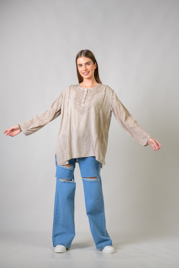 Embroidered Neckline Top - Beige