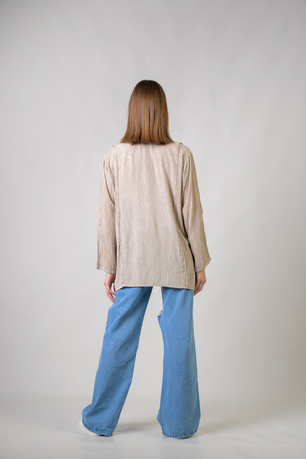 Embroidered Neckline Top - Beige