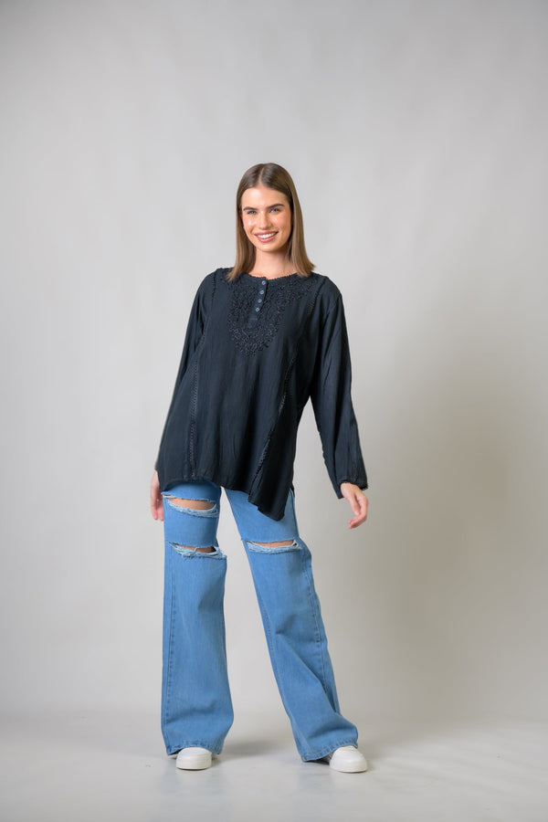 Embroidered Neckline Top - Black