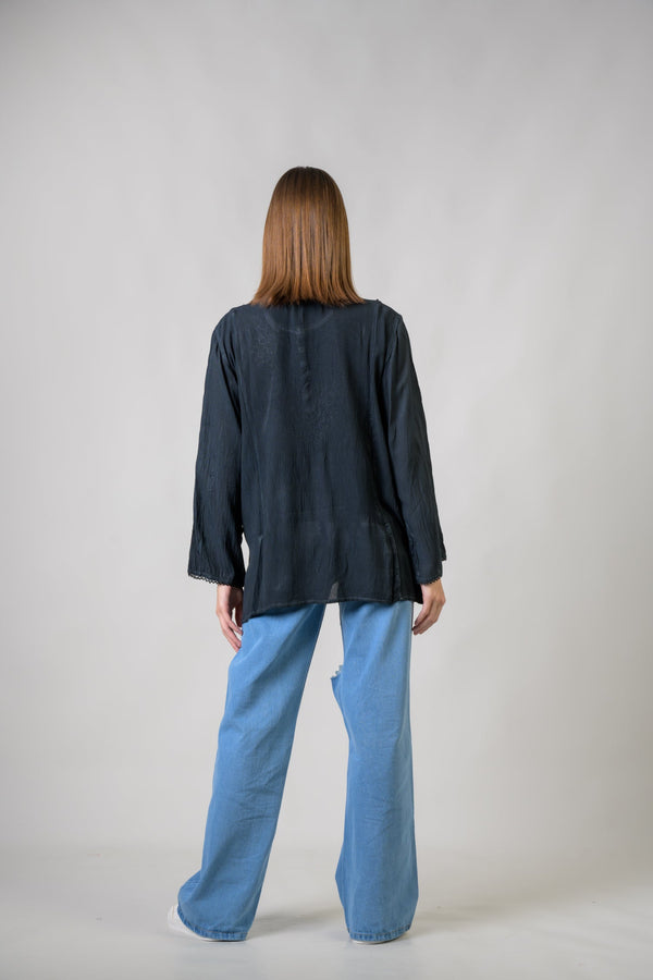 Embroidered Neckline Top - Black