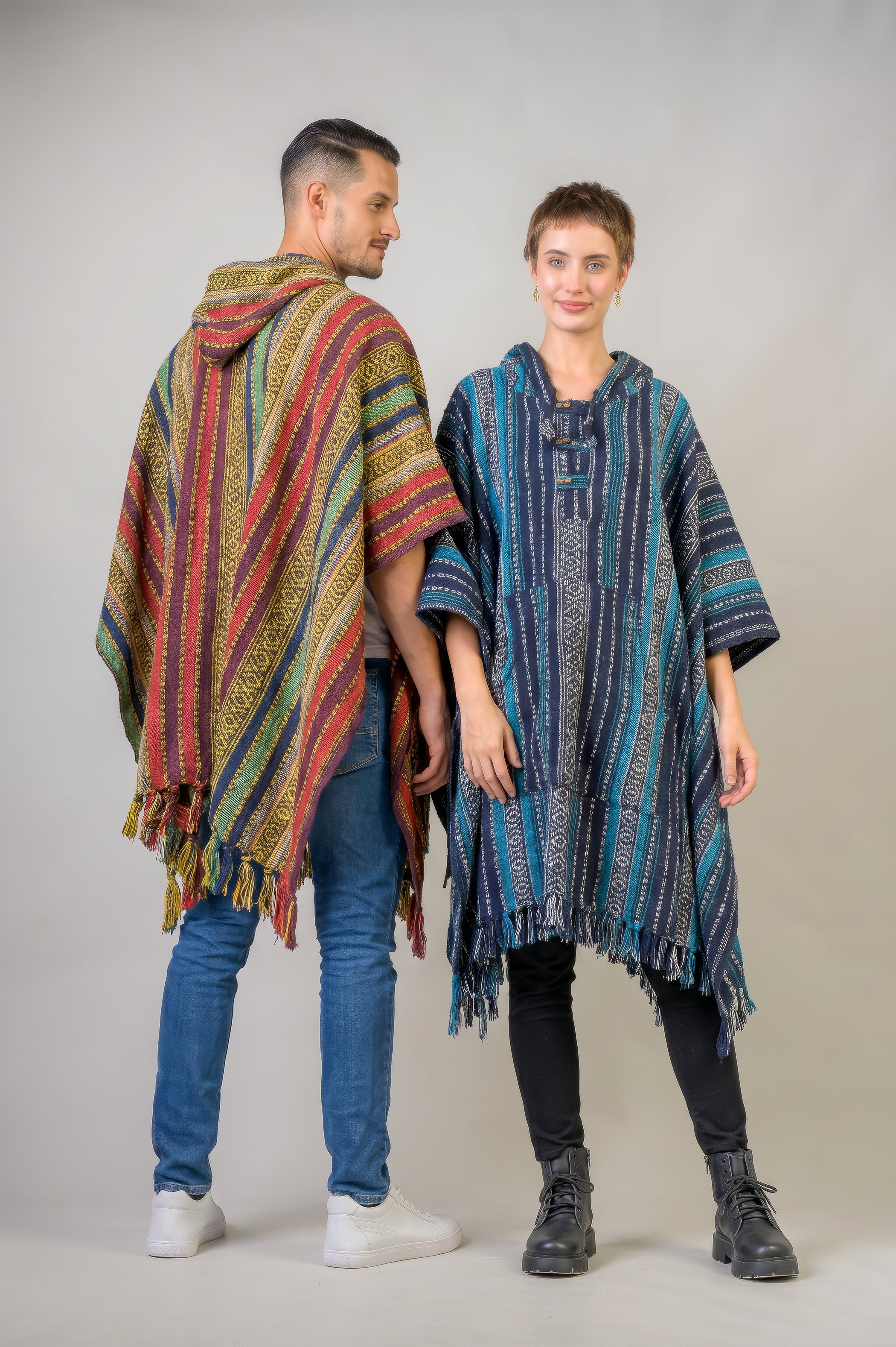 Pattern Cotton Poncho - Black