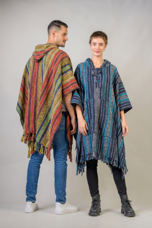 Pattern Cotton Poncho - Black