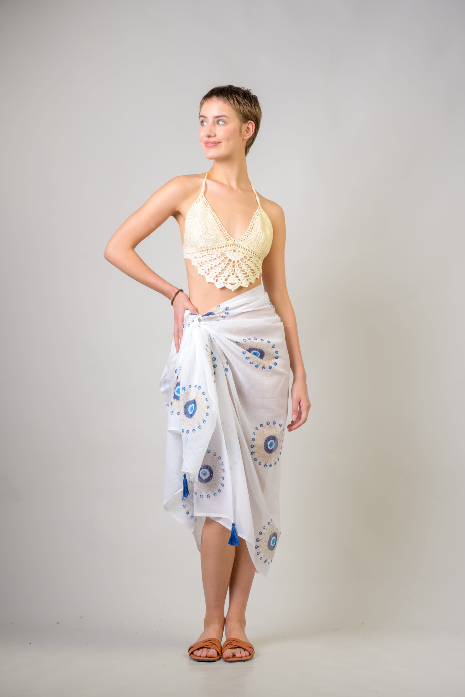 Hand Painted Tasseled Scarf - Blue