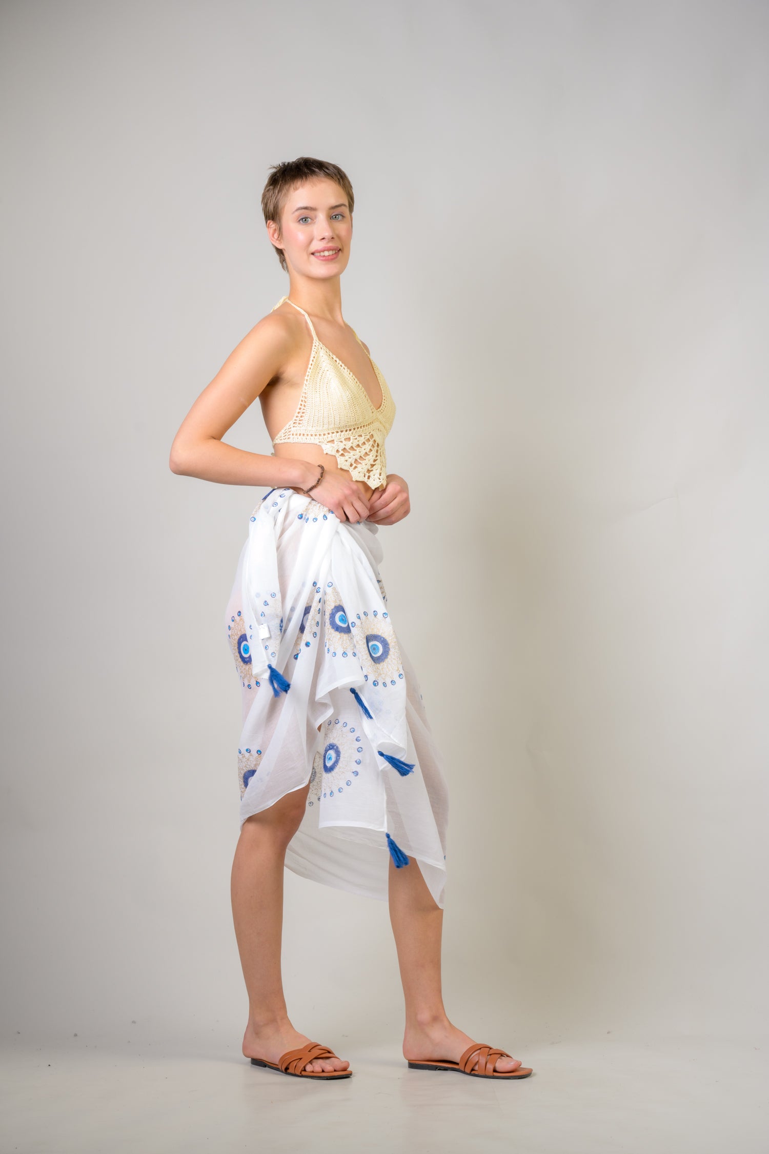 Hand Painted Tasseled Scarf - Blue