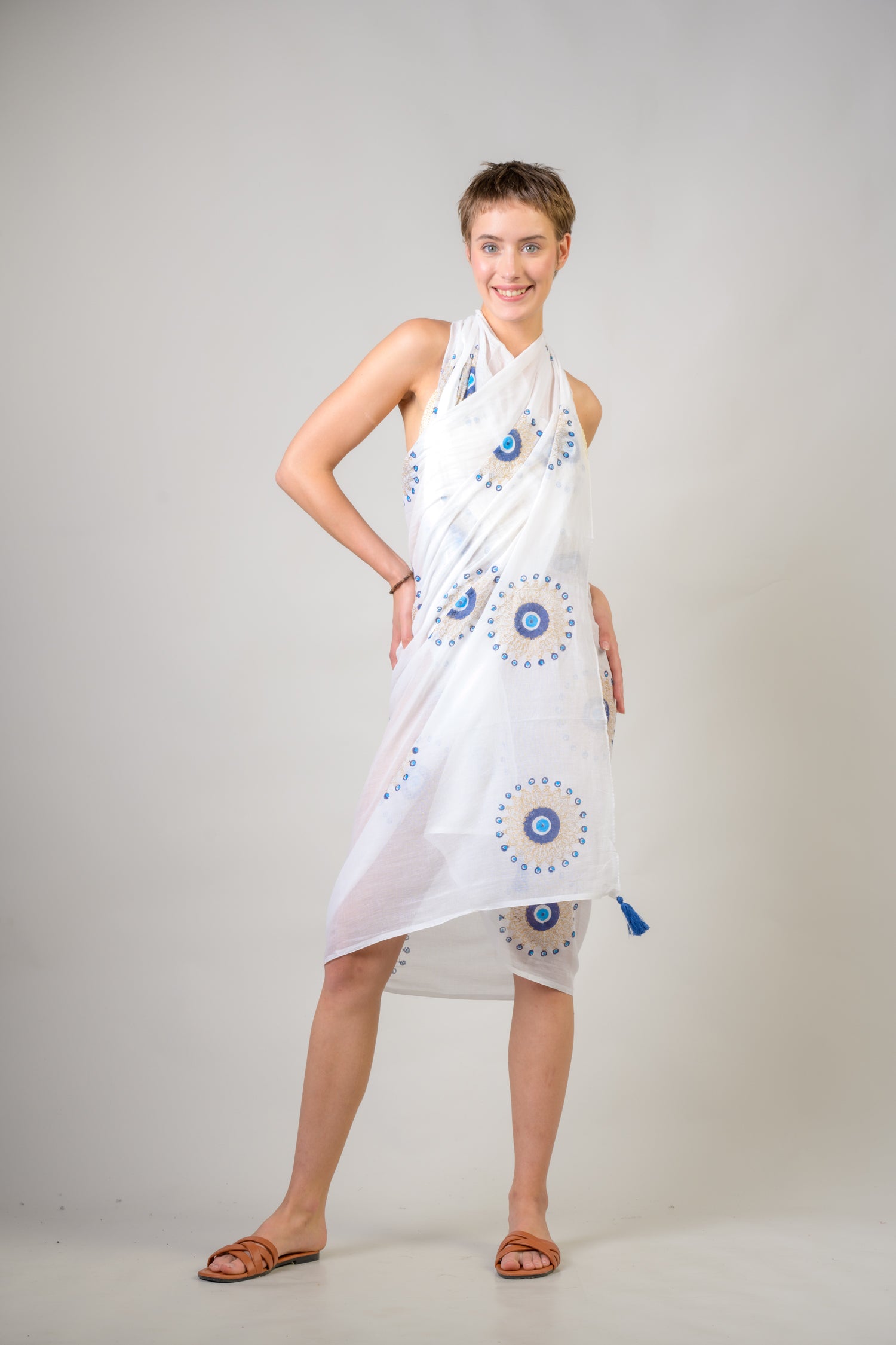 Hand Painted Tasseled Scarf - Blue