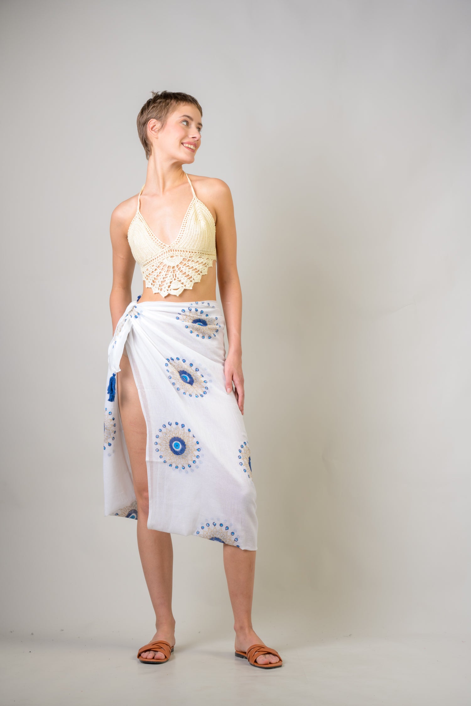 Hand Painted Tasseled Scarf - Blue