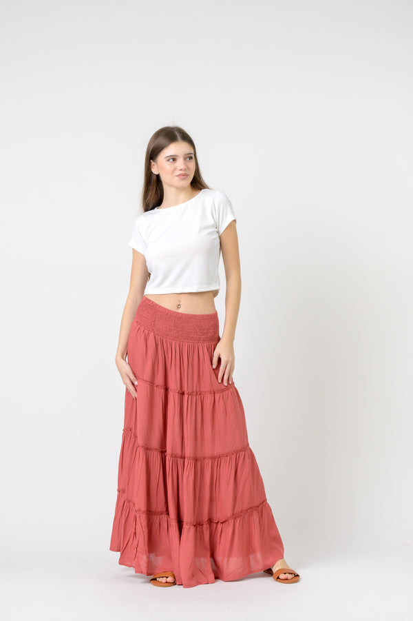 Plain Block Tiered Skirt - Red
