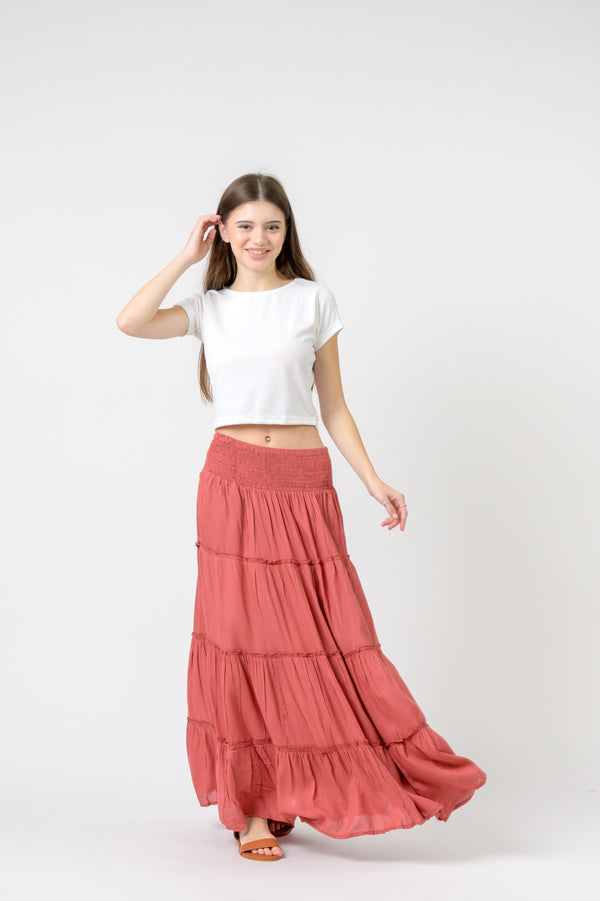 Plain Block Tiered Skirt - Red