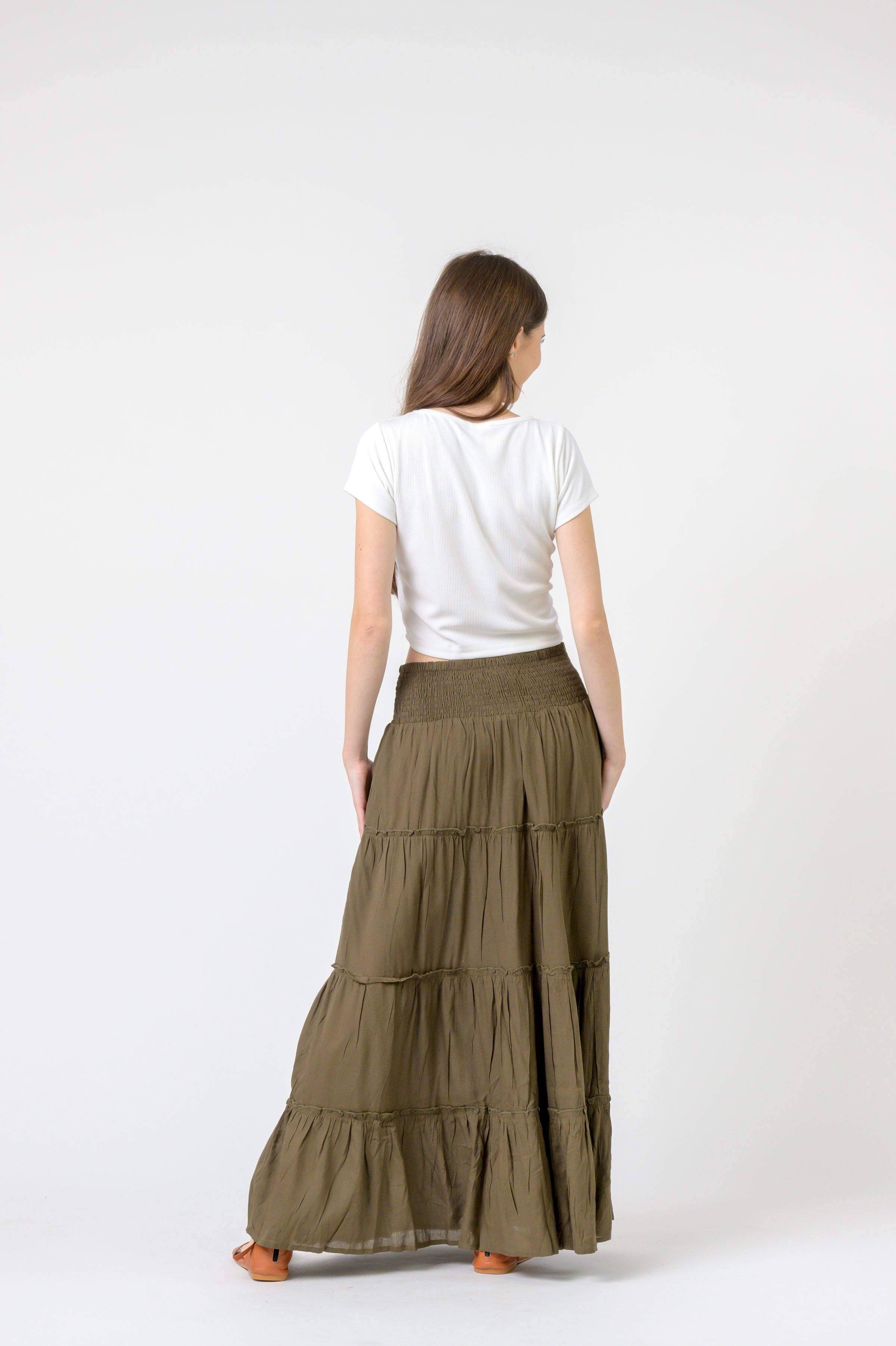 Plain Block Tiered Skirt - Olive