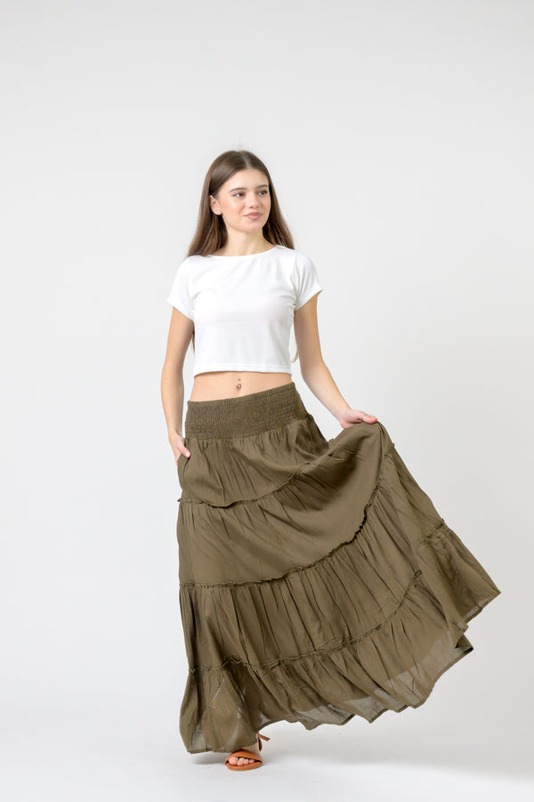 Plain Block Tiered Skirt - Olive