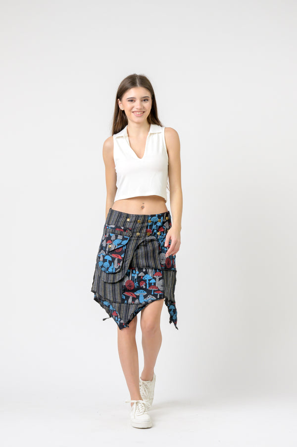 Stripe and Mushroom Patch Skirt - Black
