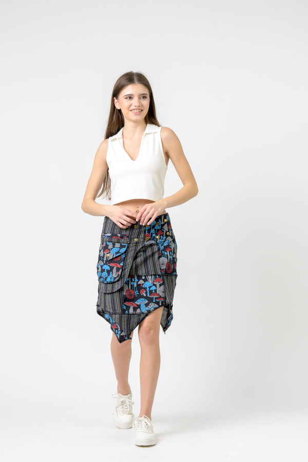 Stripe and Mushroom Patch Skirt - Black
