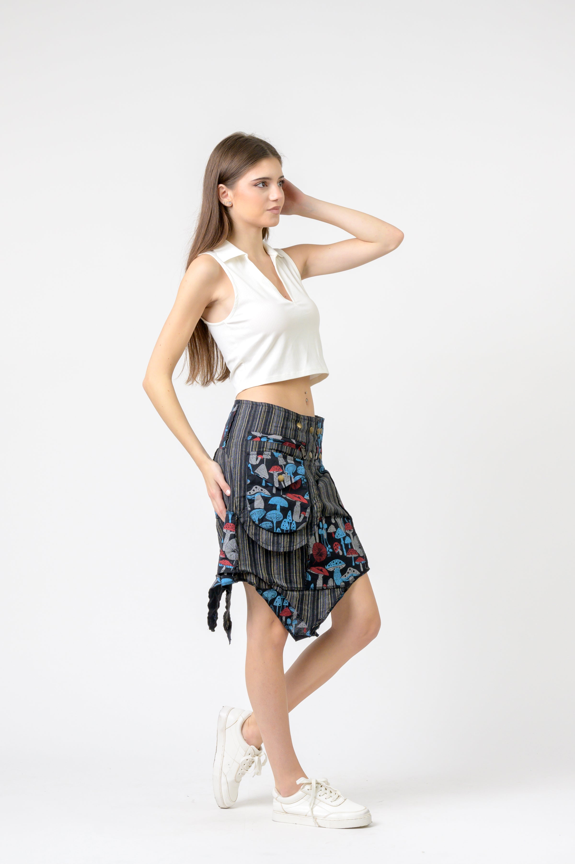Stripe and Mushroom Patch Skirt - Black